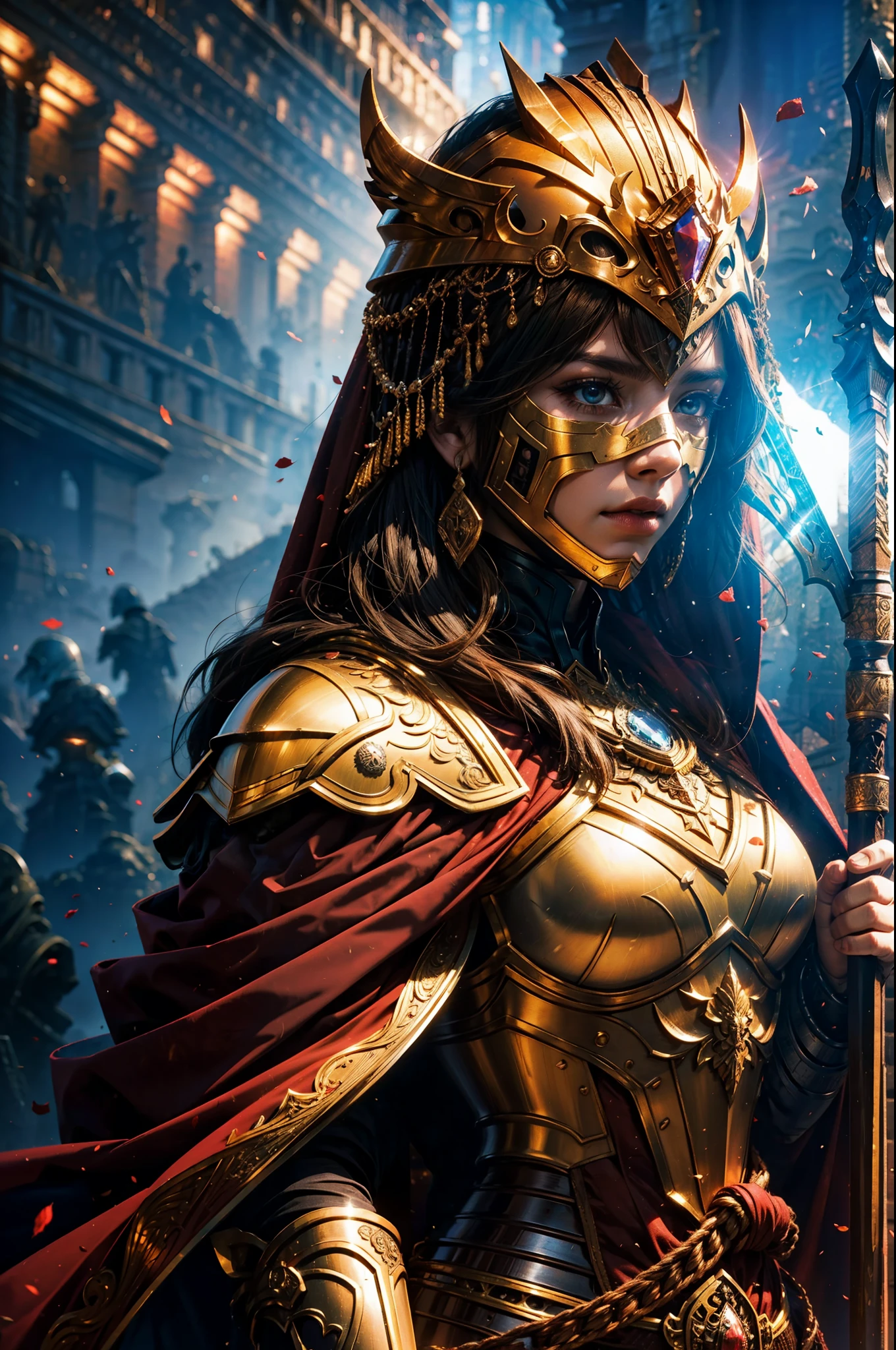 （（Equipped with an oversized and heavy scepter）），Bronze rustic and heavy armor，Extra thick helmet，The armor has intricate patterns，（（The mask is smooth）），Wrap the whole body，（（Red cape）），（（Beautiful royal knights）），Beautiful face，Half-body view，（（Pillar of light）），（（feater）），（（（Rose petals fall：1.4））），frontage，Works of masters，detail in face，super-fine，16K resolution，high qulity，电影灯光，High picture detail，Positive perspective，Detailed pubic hair，Epic shooting，oc rendered，tmasterpiece，best qualtiy，high qulity，k hd，High-quality textures，High-quality shadows，high detal，realisticlying，cinematric light，Sideslit，lens flare glow，Ray traching，Sharp focus，