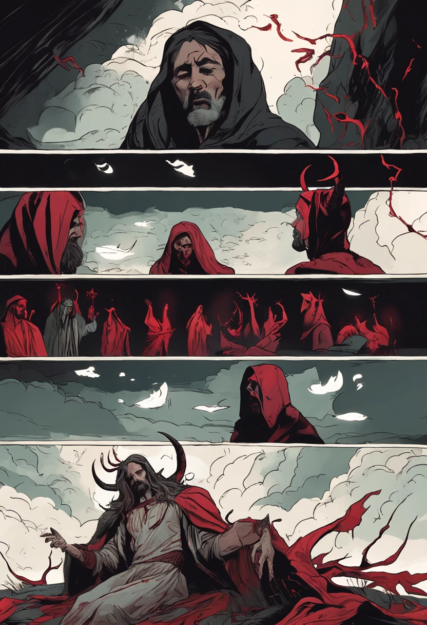 "Love scene between Jesus and the devil woman. A sensitive and intense manifestation of the conflict between good and evil, With a mysterious gloomy atmosphere. Highlight the facial expressions of the characters, Convey passion and tension. Dramatic lighting and rich colors, Enhance the emotional depth of the scene. Carefully crafted details, As clothing and scenery, Increase realism and enrich visual storytelling. A combination of symbol elements, As a religious and supernatural element, Create unique and engaging experiences."