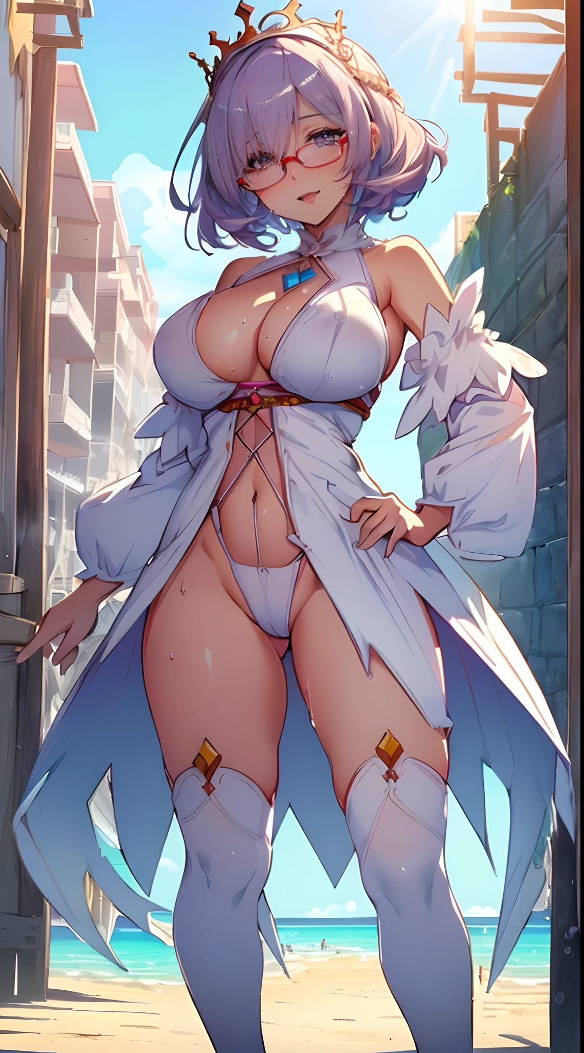 NSFW, (ultra detailed:1.2, queen Tight very erotic pastel white costume:1.3), (Dynamite Body, Cute Momo-chan, Sagging huge breasts:1.1, eye glasses, A very illustrative eye:1.2), (Very beautiful layer cut medium hair:1.2, Very beautiful pastel purple hair:1.2), ((masterpiece:1.2 Top Quality:1.2, 8K, Professional animation:1.2, 2D:1.2, wall-paper:1.2)), ((open stance), From below POV:1.3)), (Smooth glowing white skin:1.2, Sunny Beach Blue Sky:1.2), (wet pussy:1.2),(Best proportions:1.2), (screaming with pleasure:1)