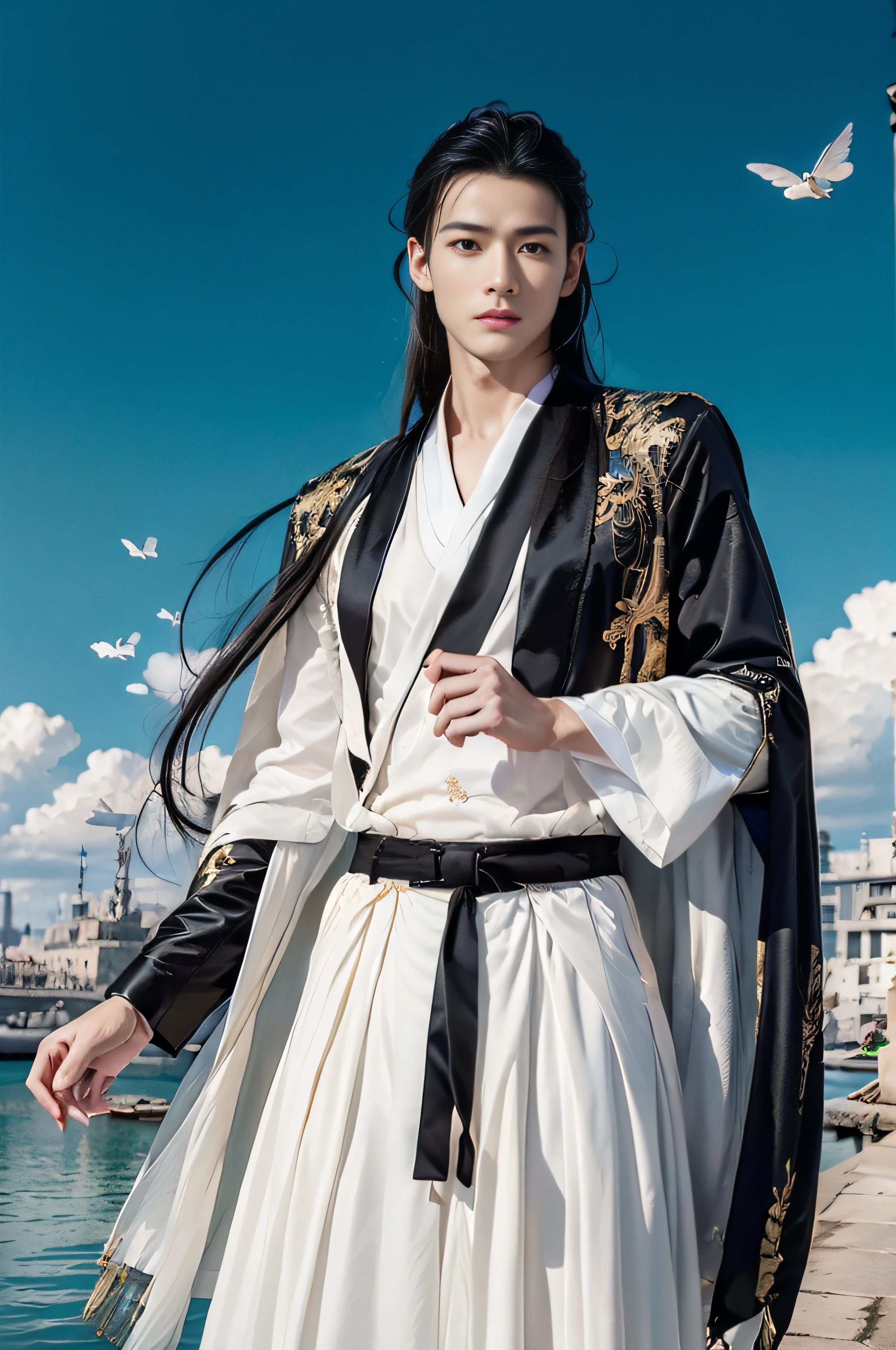 Masterpiece,Best quality,A high resolution,Gufeng Boy,Upper body,Abs, chest muscle，Open the tulle coat，Flying fish skirt