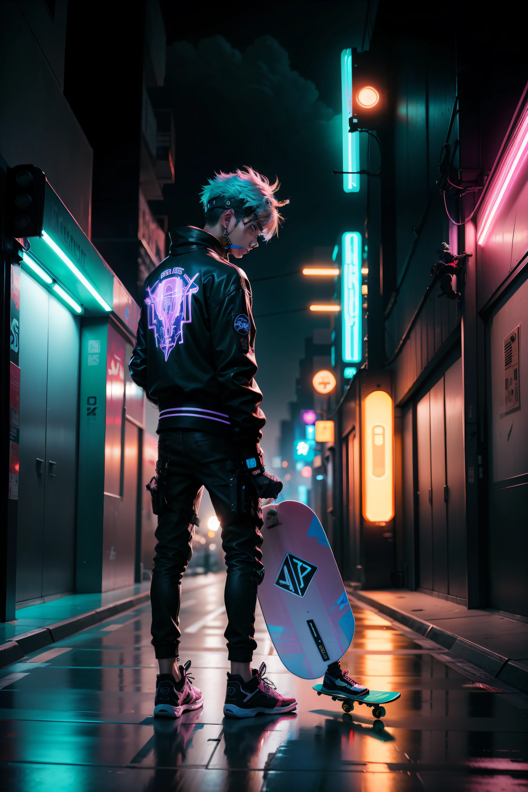 A skateboarding boy futuristic wind cyberpunk neon street