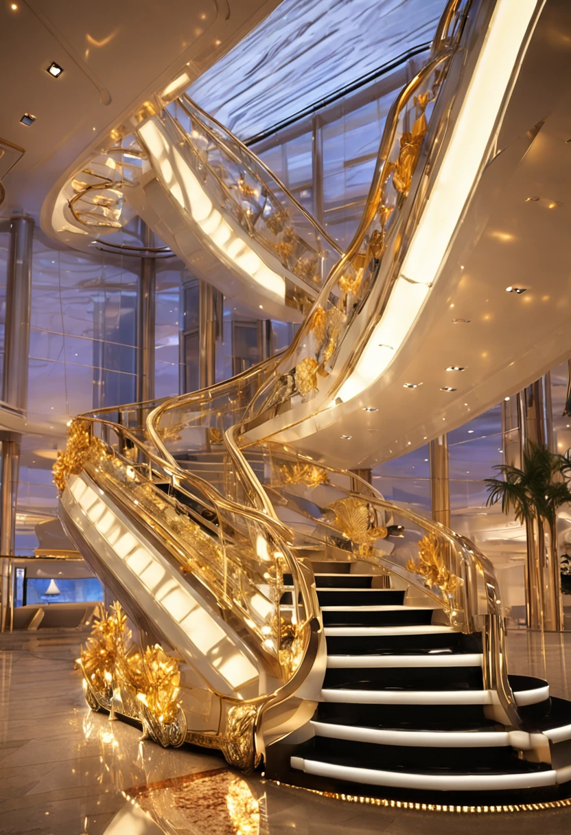 golden decorations，Glass staircase，The gorgeous Costa cruise ship sails gracefully through the waters, Its sleek white design is complemented by vibrant deck lights. The scene depicts an atmosphere of extravagance, Oil painting on the wall，Soft lighting, Masterpiece, Best quality, Ultra HD in 8K, SLR camera, filmgrain,