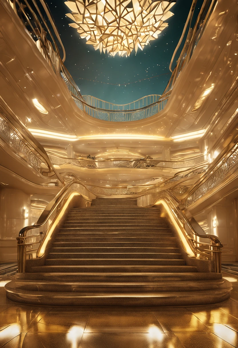 golden decorations,Glass staircase,The gorgeous Costa cruise ship sails gracefully through the waters, Its sleek white design is complemented by vibrant deck lights. The scene depicts an atmosphere of extravagance, Oil painting on the wall,Soft lighting, Masterpiece, Best quality, Ultra HD in 8K, SLR camera, filmgrain,