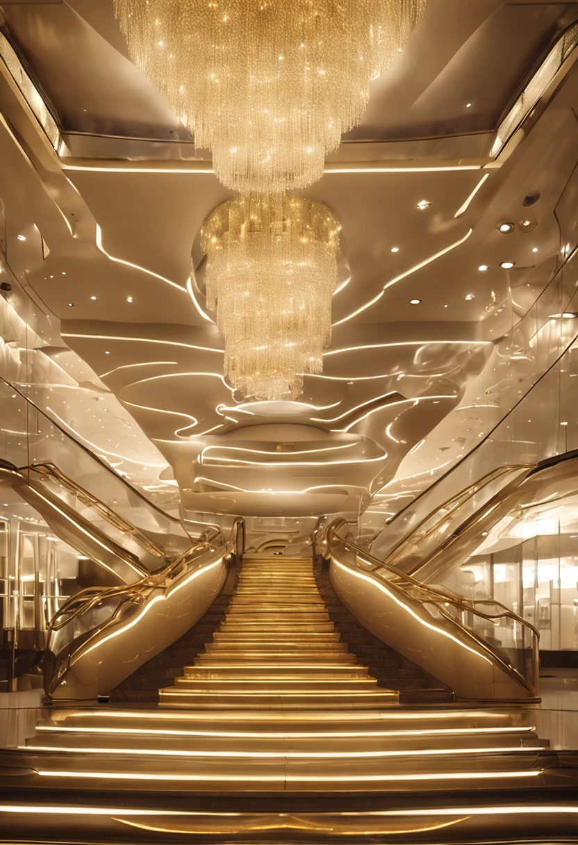 golden decorations,Glass staircase,The gorgeous Costa cruise ship sails gracefully through the waters, Its sleek white design is complemented by vibrant deck lights. The scene depicts an atmosphere of extravagance, Oil painting on the wall,Soft lighting, Masterpiece, Best quality, Ultra HD in 8K, SLR camera, filmgrain,