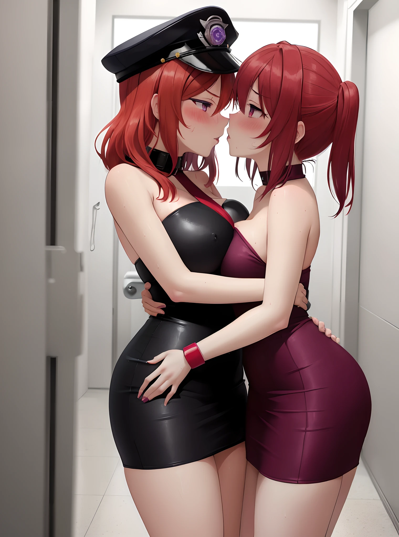 2girls,hug, kiss,Nishikino maki, Purple eyes,red hair, curvy body, big breasts,((sexy short bodycon dress)), strapless , sleeveless, bare shoulders, wrist band, police cap, sweaty, blushing, prison,llchar, embarrassed, on the ground