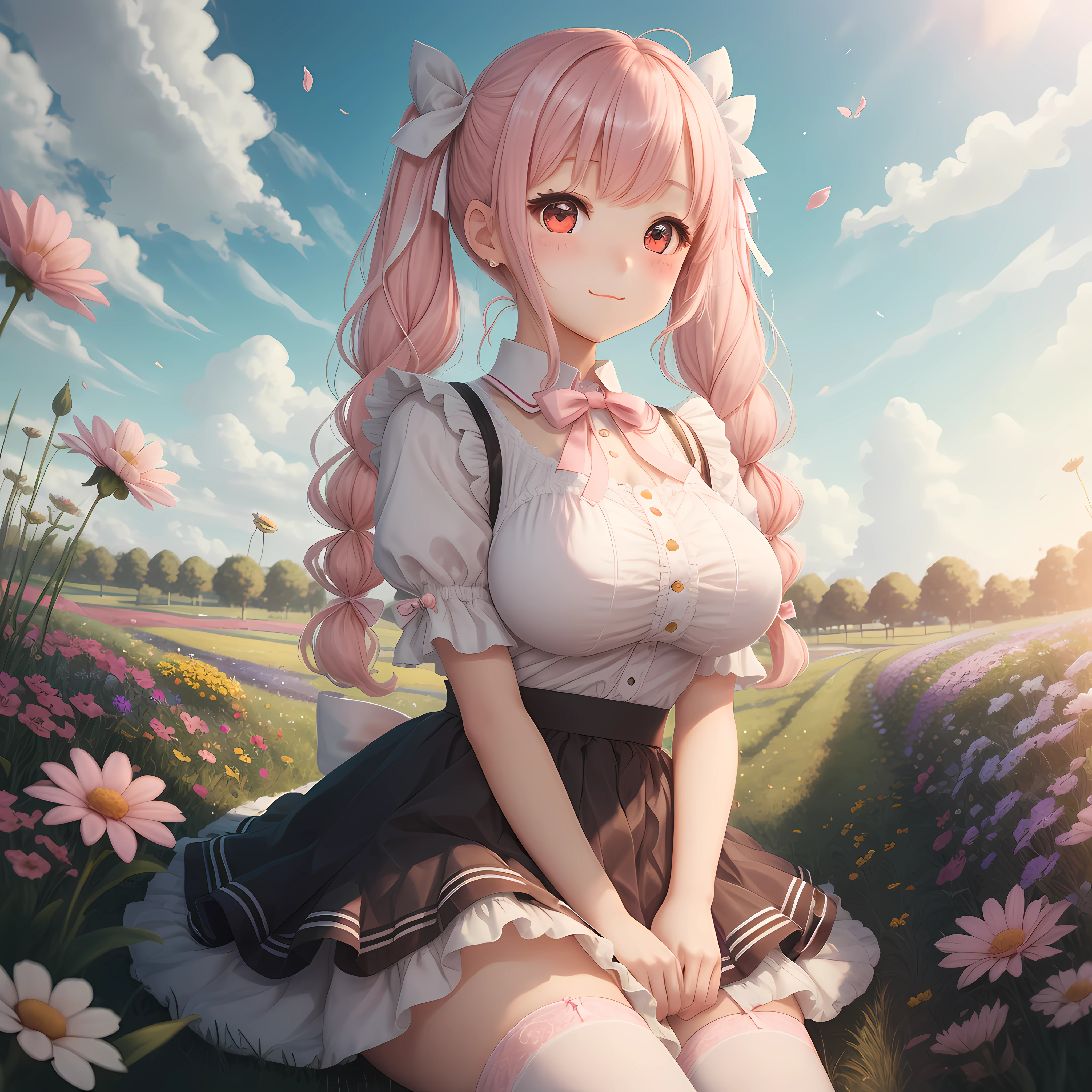 high Schoolgirl、18 age、Kawaii face、Burst breasts、Dream milk、Ultramammy、Skirts with short ruffles、white panty、Big cute ribbon、French Maid、Pink hair、twintails、red-eyed、grassy plains、Flower garden、Bright flowers、Gentle light