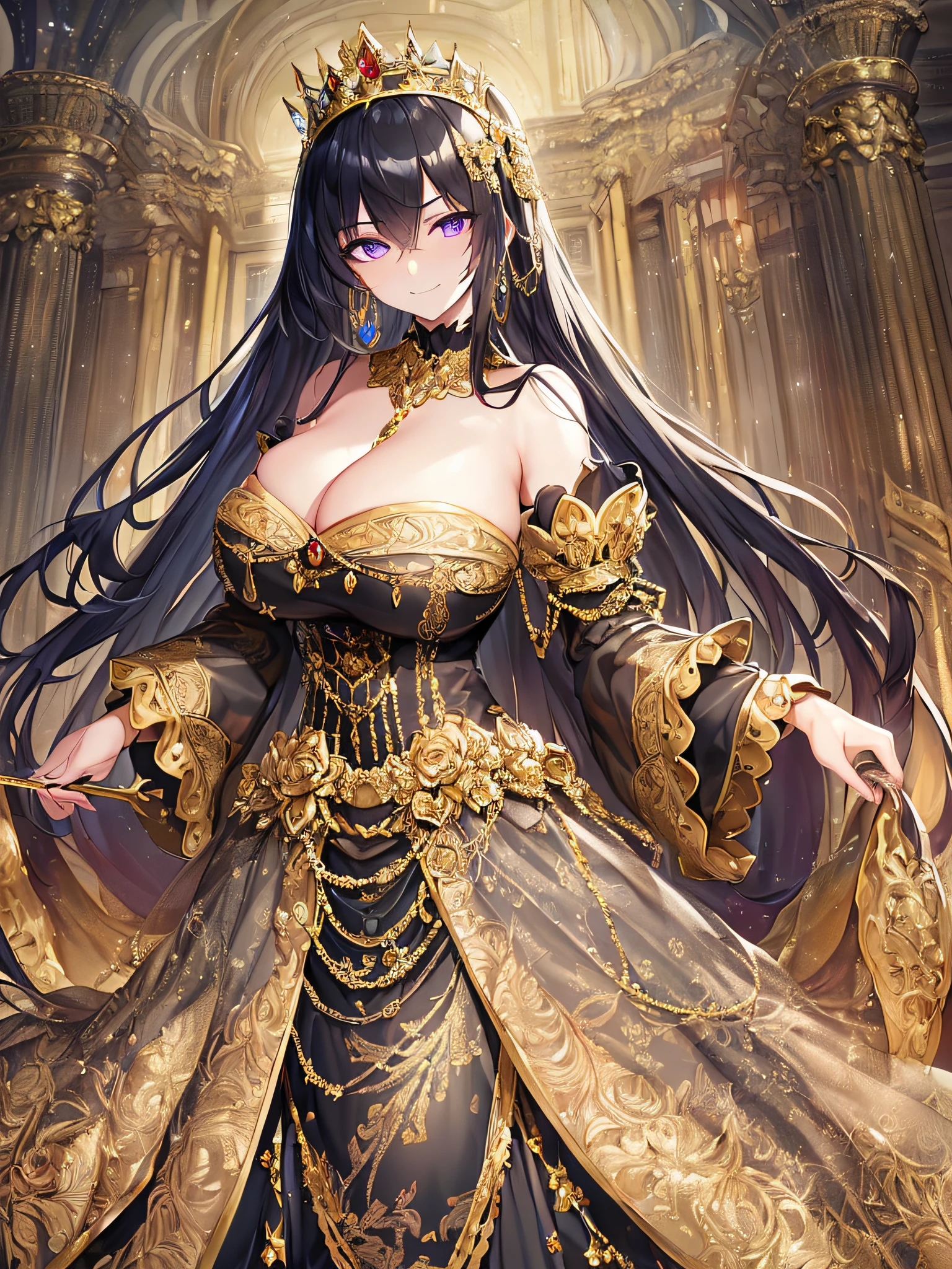 ((anime artstyle)),(Masterpiece),(Best Quality), (Super Detail),((Very Delicate and Beautiful)),(((Solo))),((full body portrait)),(((1 arrogant queen in beautiful embroidery black and gold gorgeous rococo princess ballgown with  voluminous full length hoop skirt))),gold trim,((crinoline)),gorgeousfull embroidery,Long train((arrogant,haughty)),(((arrogant smile))),Sharp eyes,(standing in the royal palace,holding a luxurious scepter),sunlight,((gorgeous gemstone jewelry)),detailed face and eyes,jewel-like eyes,Purple eyes,(Bangs between eyes),((large amount of straight hair,extremely Long voluminous black Hair)),((gigantic tits,Long tits)),gorgeousfull embroidery,cleavage,extremely gorgeousfull hair ornament,(bling-bling extremely gorgeousfull jeweled tiara),gorgeous corsage,(Dynamic Angle),Looking at viewer,(full body)),((beautiful  embroidery black and gold gorgeous rococo princess ballgown with voluminous full length hoop skirt))