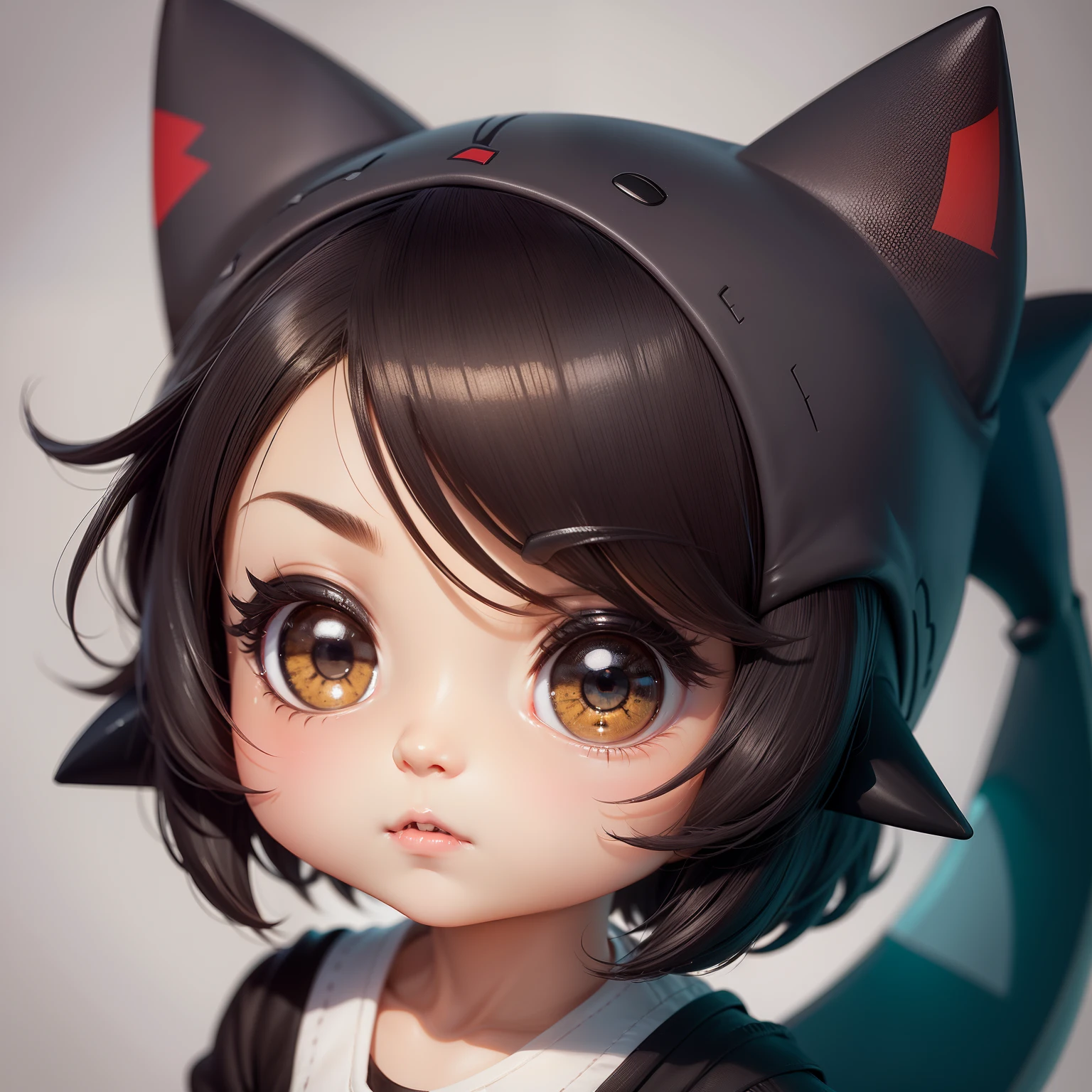 hightquality,Masterpiece, Chibi, nendoroid, Mega Mini, ninjartist, Shark hat, Shark tail, Shark costume, A dark-haired, Hairstyle Bob,