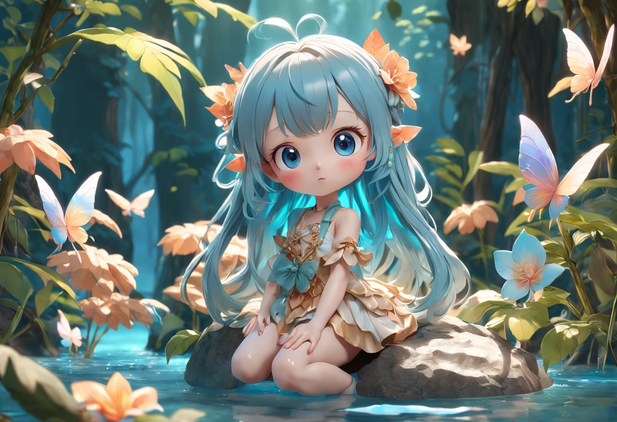 Full body 3D artwork of super cute girl, Front view, Side view, Back view, forest fairy, doll, concept-art, t pose, reference sheet, Pop Mart blind box, by Pixar, Long hair, Blue watery - eyes, floral decorations, Rattan decoration, luxury goods, Complex details, a 3D render, blender, OC renderer, Predecessor Reference Table, drools, High details, 8K, Studio lighting