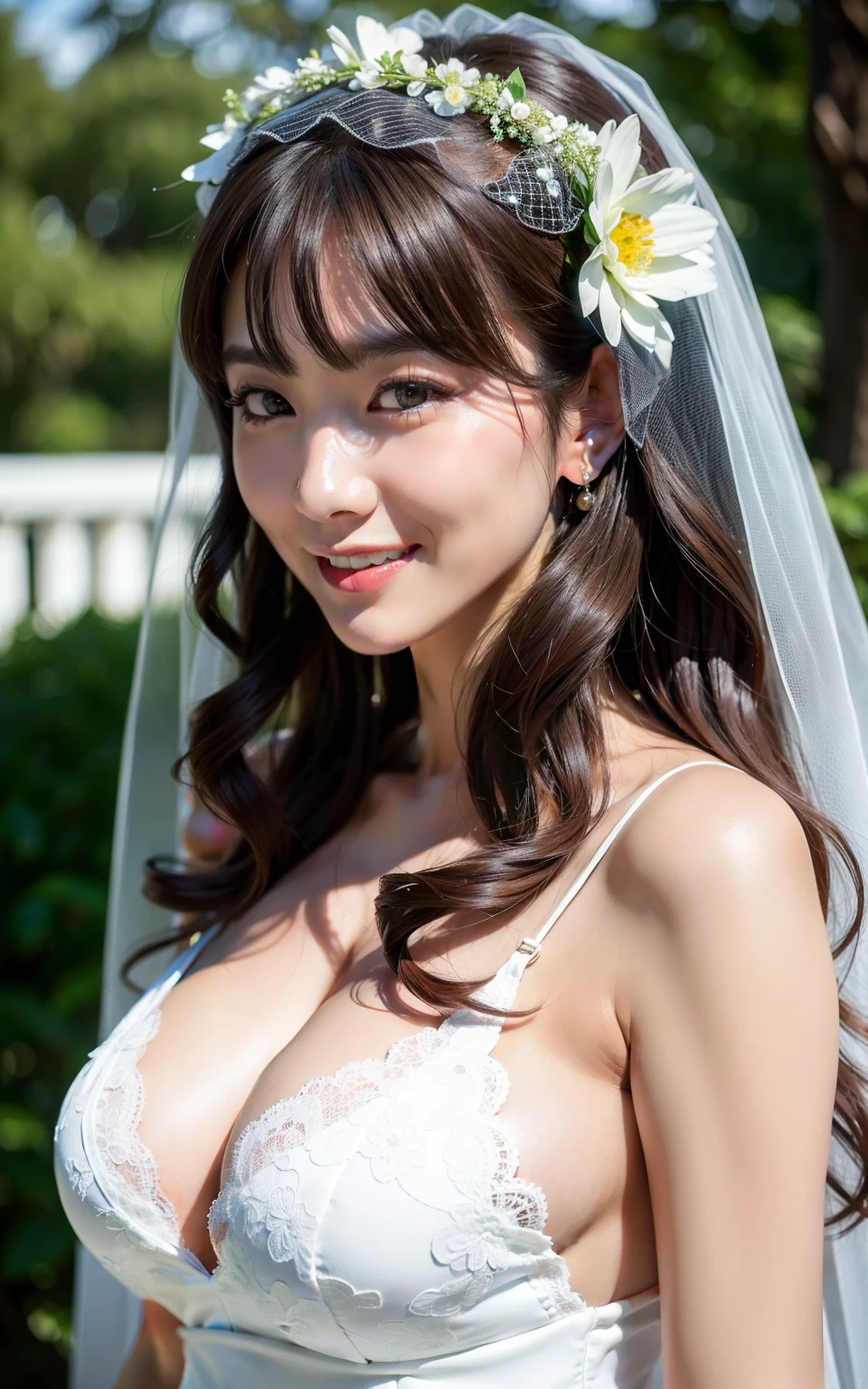 (top-quality、8K、32K、masterpiece、nffsw:1.2)、Cute Japan woman in her 20s、1girl in、(dark brown hair)、二重まぶた、(Colossal tits:1.2)、A sexy、((weddingdress、wedding veil))、(Deep slit:1.2)、(sideboob barbosa)、The whole body is visible、(smile1.1)