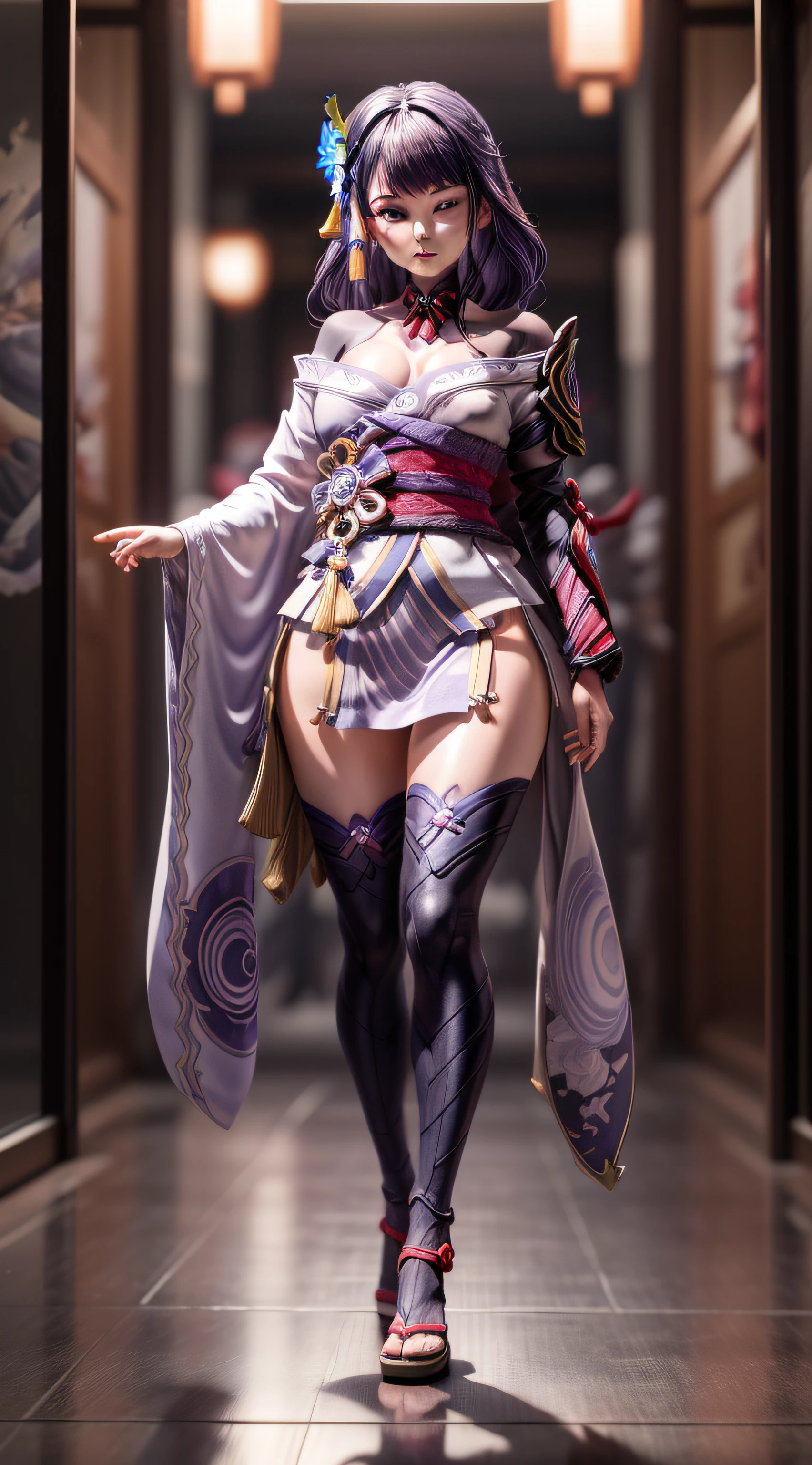 (Blind box toy style:1.3), ((Full body photo:1.5)) , 1 masterpiece, ((anatomy correct:1.4)),Best quality,,(((Raiden Shogun))) ((Genshin Impact)), 1 girl solo, Slim little kimono,Purple stockings,Slender legs,The clothes slipped off the shoulders,Expose the upper part of the chest, dreamy glow, Clean, Purple clean background ,(circular base:1.3)( Global illumination, Ray traching, hdr, unreal render,reasonable design, high detal, Masterpiece, Best quality, hyper HD, Cinematic lighting)
