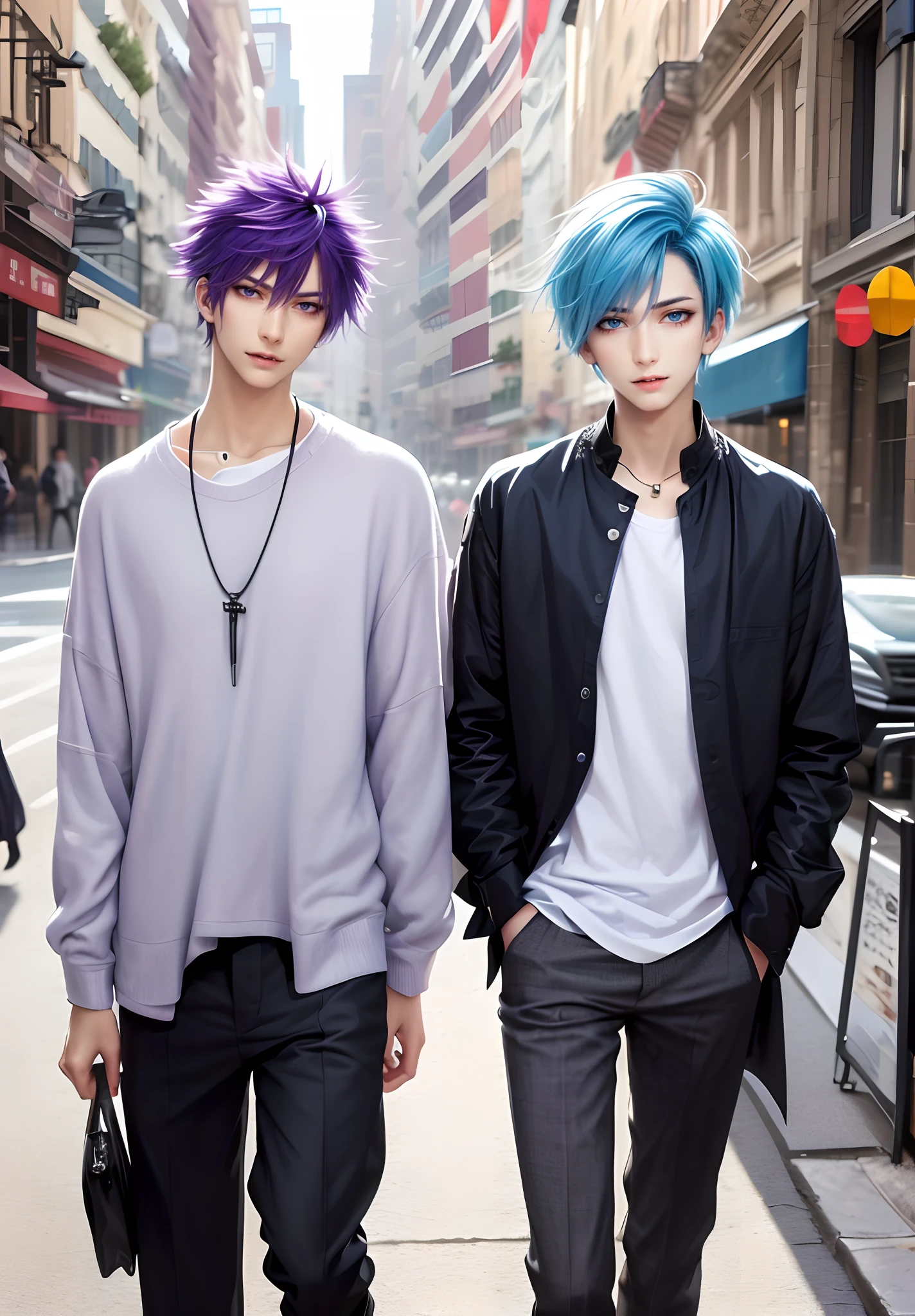 masterpiece, top-quality, 2Others, Male couple, 1 man and 1,, Adults, Height difference, different fashion, different color, finely eye and detailed face, intricate detailes, Casual clothing, Oversized shirt, Modern urban streets, A smile, Happiness, tenderness, queers, Boys Love, high-level image quality、 Two beautiful men、tall、The upper part of the body、nightfall、nighttime scene、𝓡𝓸𝓶𝓪𝓷𝓽𝓲𝓬、Korean Male, Idol Photos, k pop, Professional Photos, Vampires, Korean fashion in black and white, Fedoman with necklace, inspired by Sim Sa-jeong, androgynous vampire, :9 detailed face: 8, extra detailed face, detailed punk hair, ((eyes are brown)) baggy eyes, Seductive. Highly detailed, semi realistic anime, Vampires, hyperrealistic , delicate androgynous prince, imvu, short hair above the ears, Man with short hair, With a purple-haired man with a wild expression, Man with light blue hair with gentle expression, ((With a short-haired man with bright purple hair)), ((Man with light blue hair))