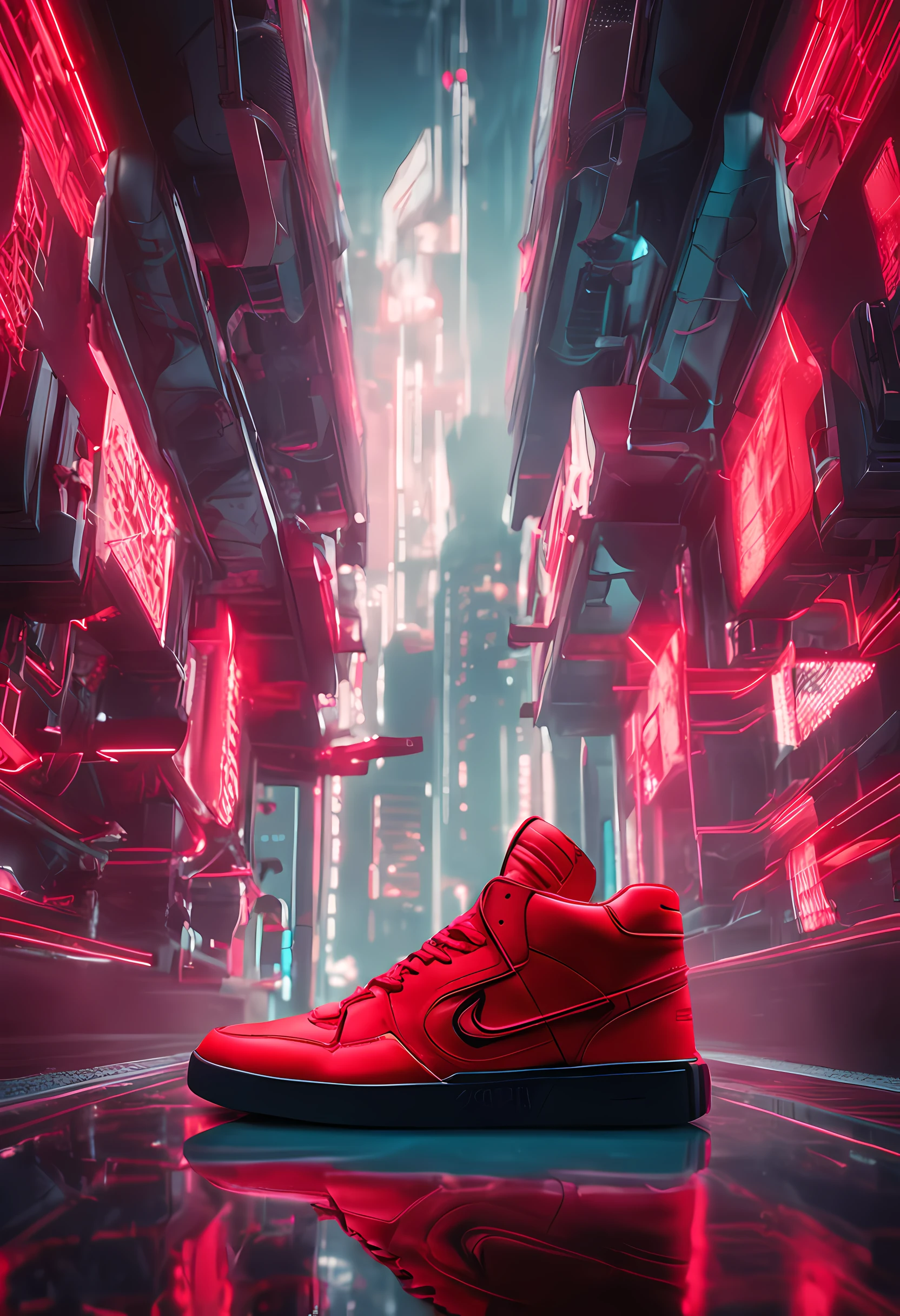 "(Product photography:1.2) showcasing a (1.1x vibrant red) not a pair sneaker with a (1.1x sleek cyberpunk) aesthetic."