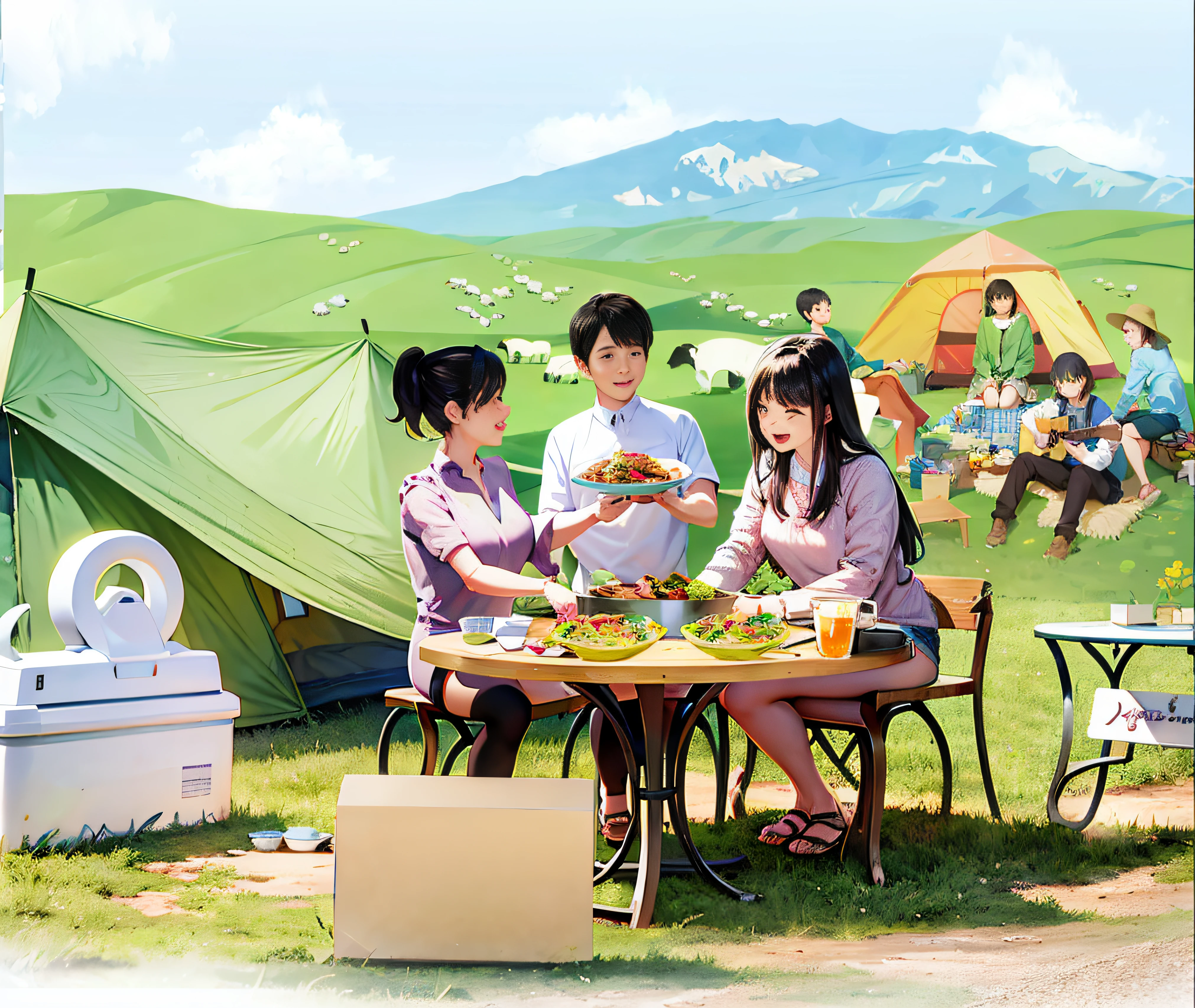 There were three people sitting at a table in front of the tent,Eating food, yuru camp, anime yuru camp, people on a picnic, people outside eating meals, camping, by Ni Yuanlu, Sunny environment, people inside eating meals, promotional render, having picnic, promotional art, 2 d cg, food commercial 4 k, Family dinner, Commercial illustration