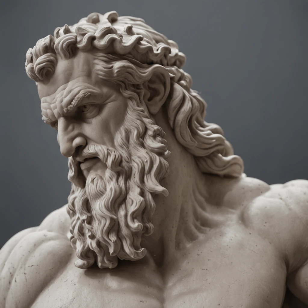 statue zeus style hercules, 8k, dark background cinematic