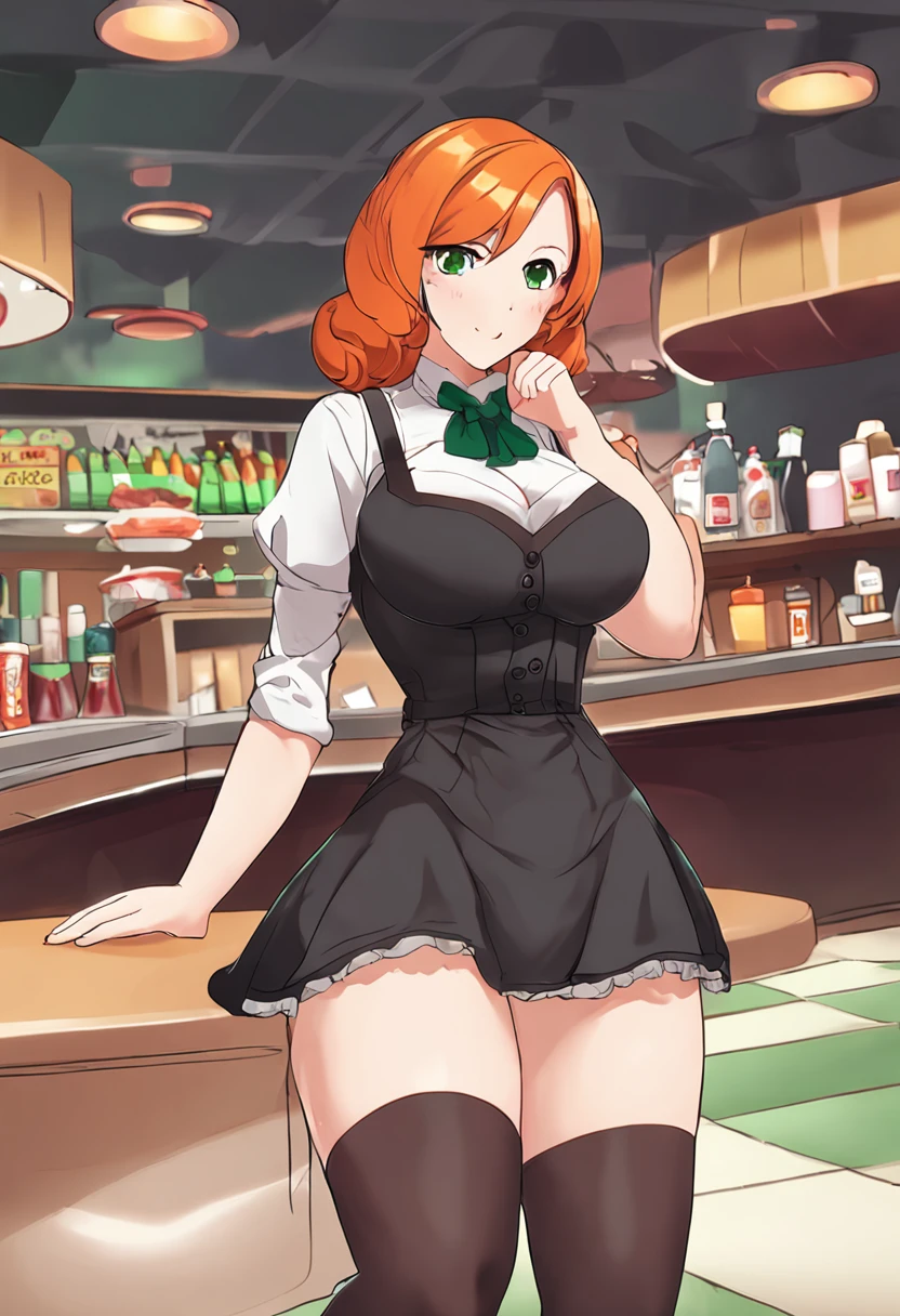 ai_generated curvy_body curvy_female curvy_figure The average cup size female_only huge_breasts looking_at_viewer +maid solo_female solo_focus stable_diffusion waitress orange_hair green_eyes lifts the skirt showing black panties legs in pantyhose