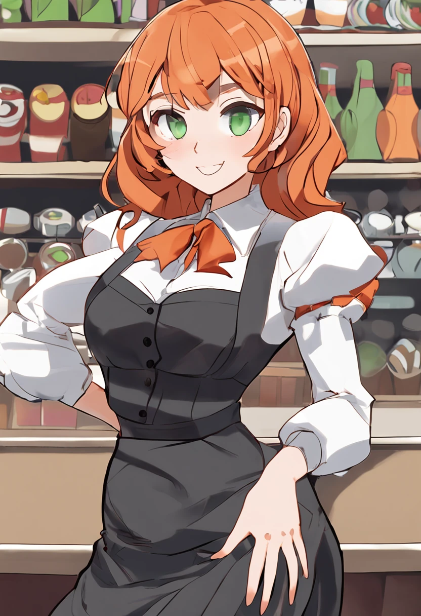 ai_generated curvy_body curvy_female curvy_figure The average cup size female_only huge_breasts looking_at_viewer +maid solo_female solo_focus stable_diffusion waitress orange_hair green_eyes lifts the skirt showing black panties legs in pantyhose