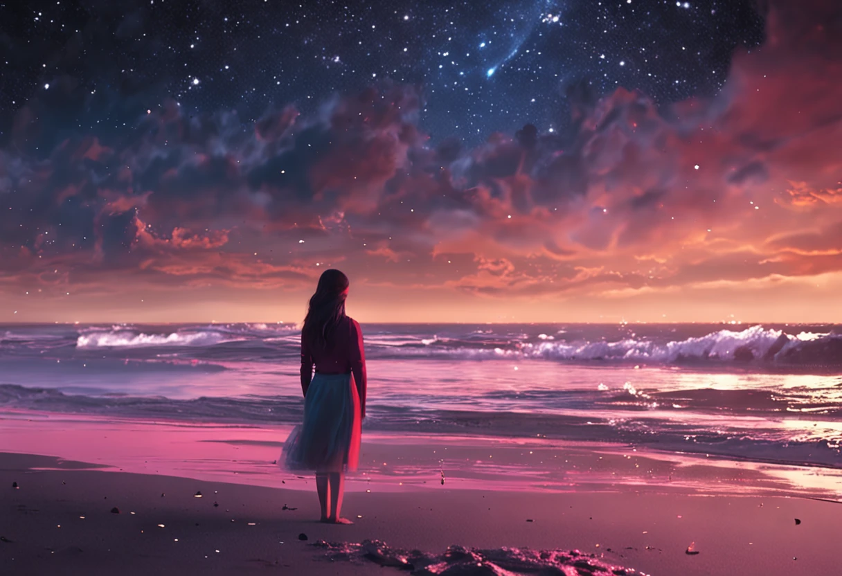 A girl in a skirt stands alone on the beach watching the starry sky