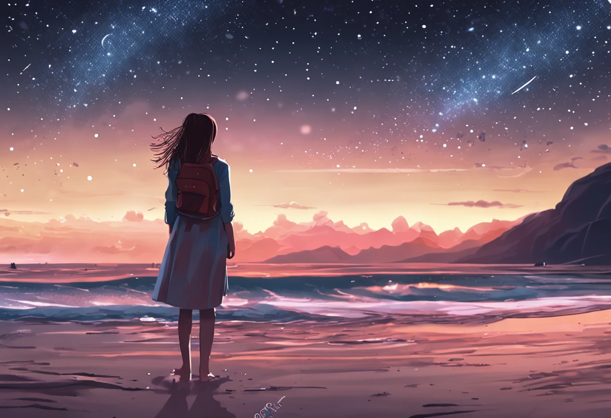 A girl in a skirt stands alone on the beach watching the starry sky