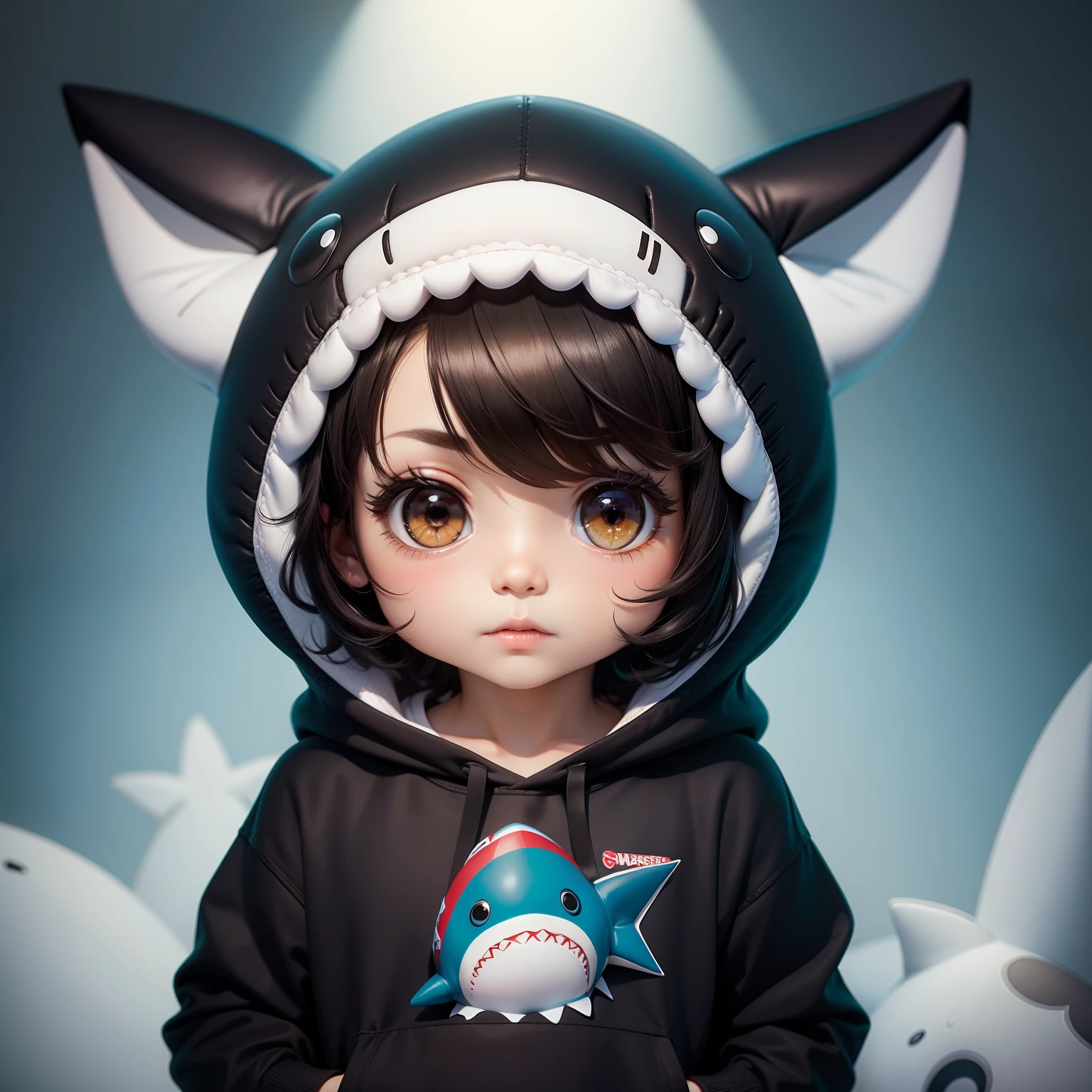 hightquality,Masterpiece, Chibi, nendoroid, Mega Mini, Shark hat, Shark costume, A dark-haired, Hairstyle Bob,