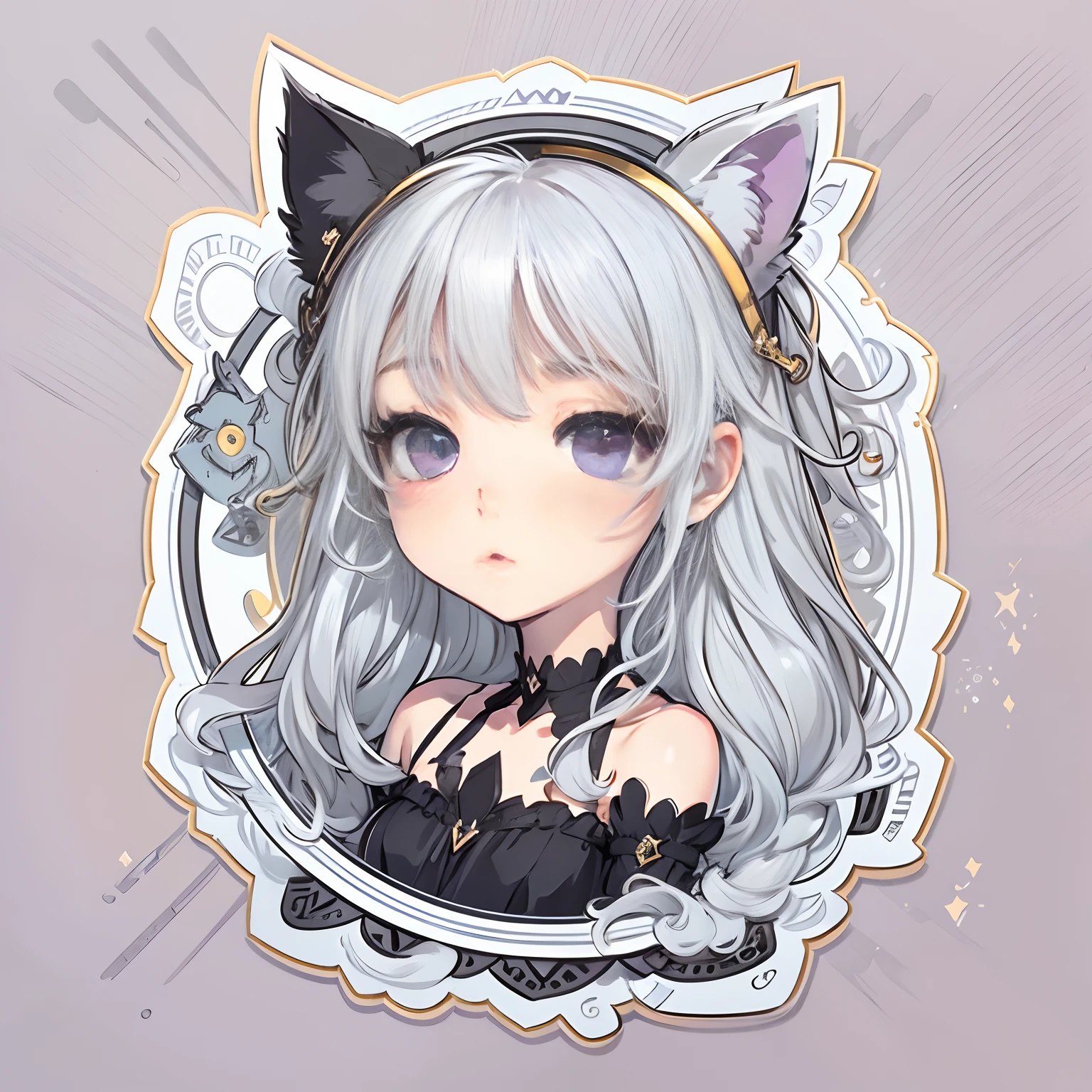 Sticker, Cute anime girl head, long layered silvery white hair,Light purple eyes,pouty,Black dress,Black princess dress,Black cat ears,in circle, White background, Gold border,Simple, Ultra detailed, Detailed drawing, vectorised, Silhouette, 8K, professional sticker design, Flat design, Vector lines, Sticker, Drawing, Drawing, Full-HD
