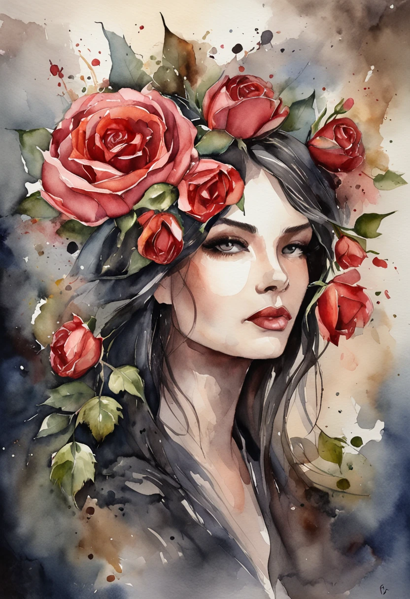 Dark Queen, in black suit dress, dark roses, Luxurious
