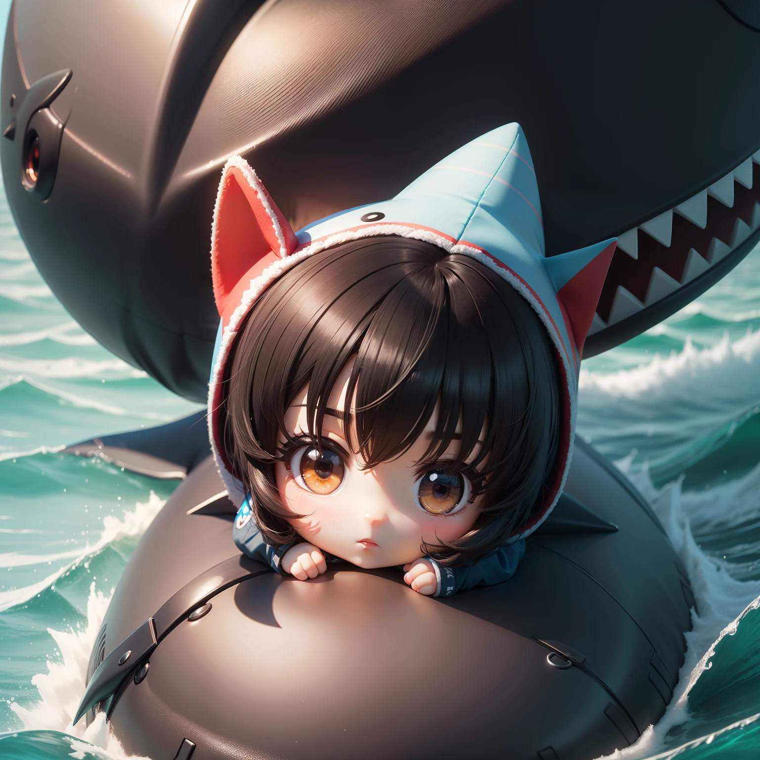 hightquality,Masterpiece, Chibi, nendoroid, Mega Mini, Shark hat, Shark costume, A dark-haired, Hairstyle Bob,
