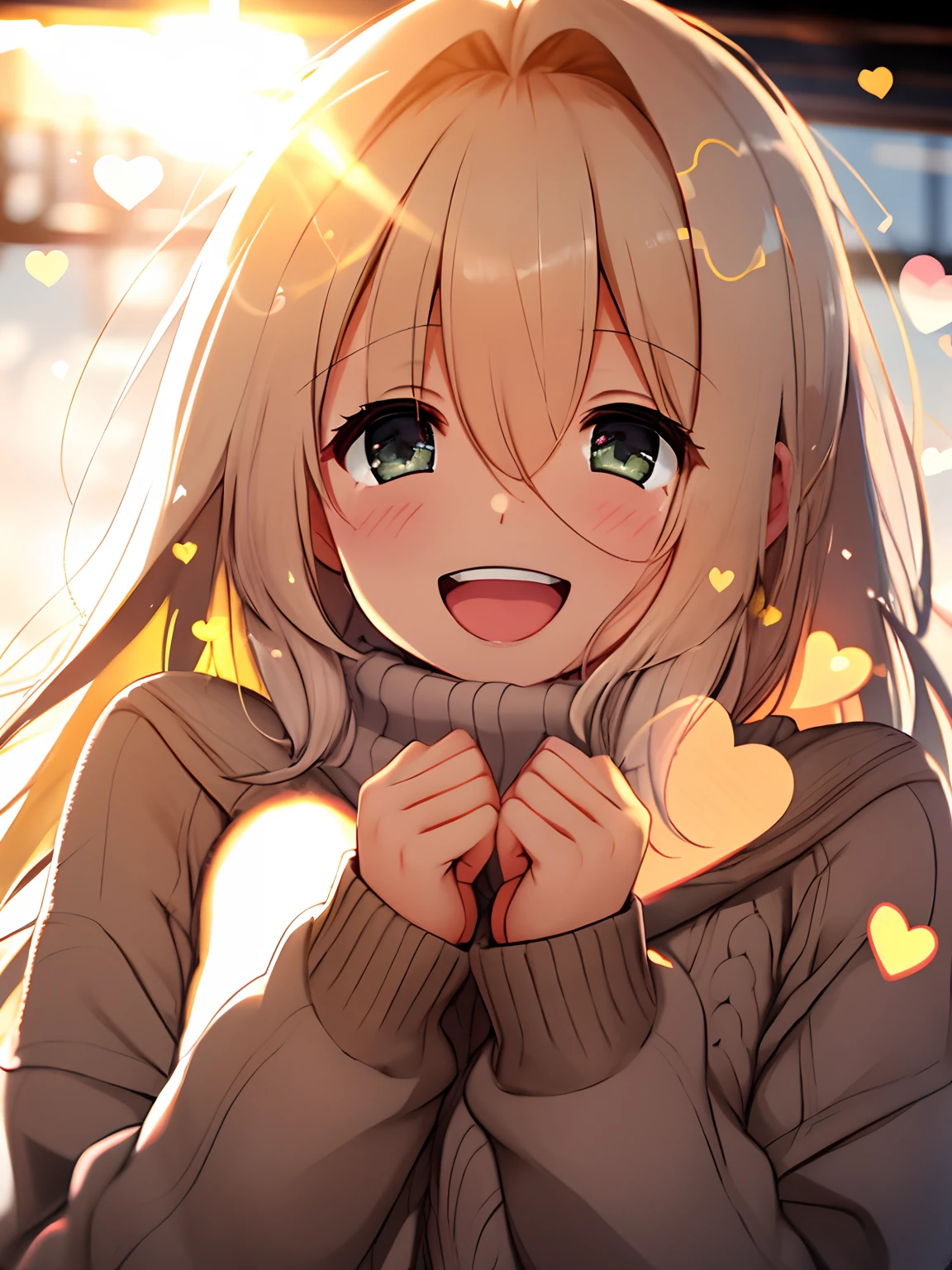 a girl, cosy sweater on, upper body, (huge Laughing:1.1), (open mouth:1.1), (wide open eyes:1.2), sun glare, bokeh, depth of field, blurry background, light particles, strong wind, (heart particles:1.1)