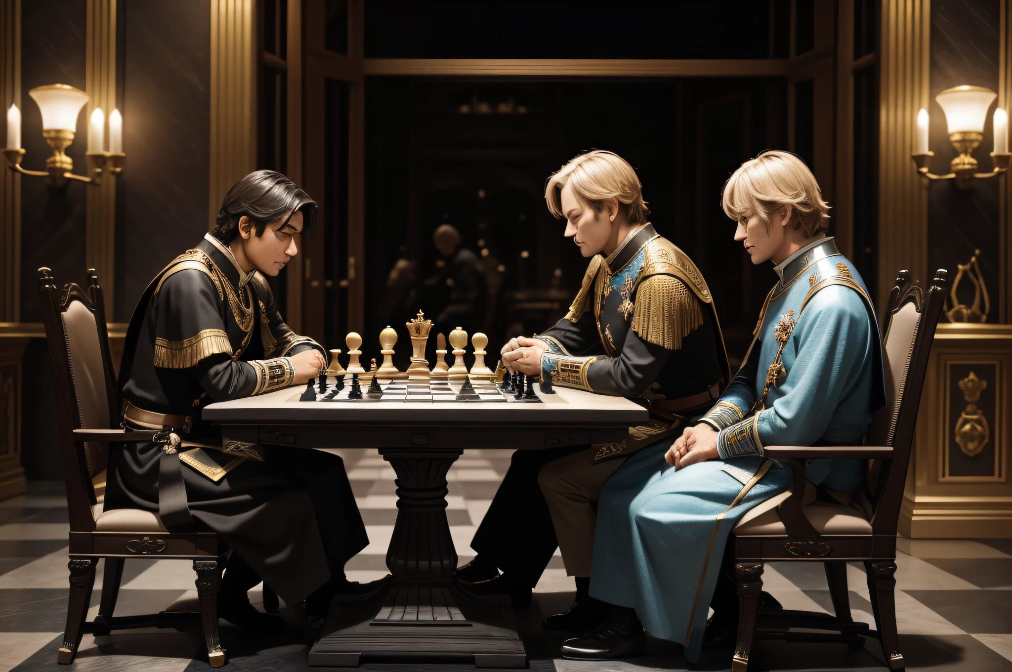 Stone Desk、Royal knights sitting across from each other、Two royal knights sitting on stone chairs、Playing Chess Face-to-Face、Chessboard、Peace at night、Detailed works