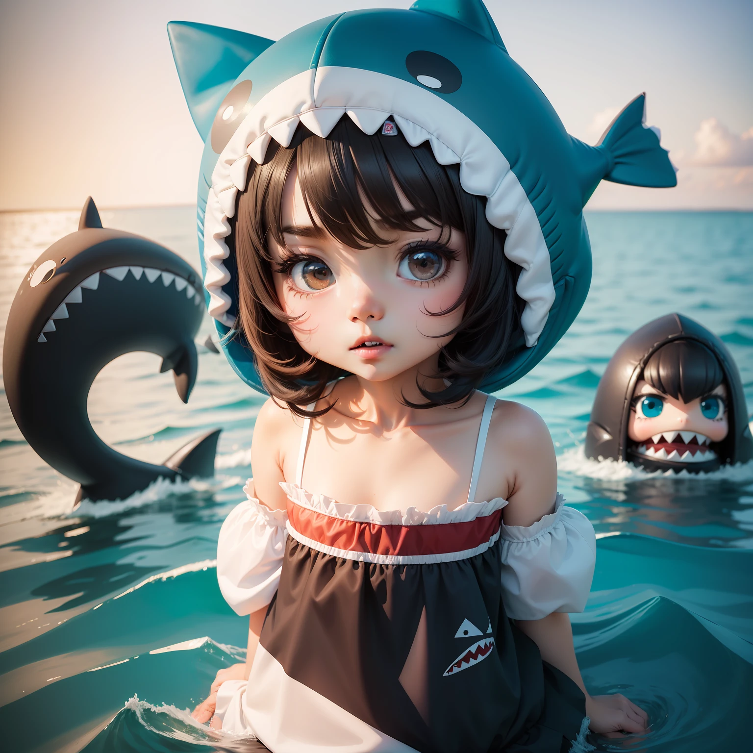 hightquality,Masterpiece, Chibi, nendoroid, Mega Mini, Shark hat, Shark costume, A dark-haired, Hairstyle Bob,