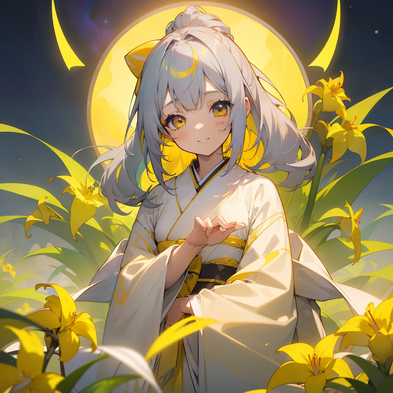 (Beautifully Aesthetic:1.2)、(1girl in:1.3)、(colourful hair、Yellow and gray hair,:1.2)、natta、colourfull、starrysky、sacredness、Yellow irises flowers、Yellow irises are blooming、Fantastical、happily face、Wearing a yellow and white kimono、I believe、faithful、Rainbow Goddess