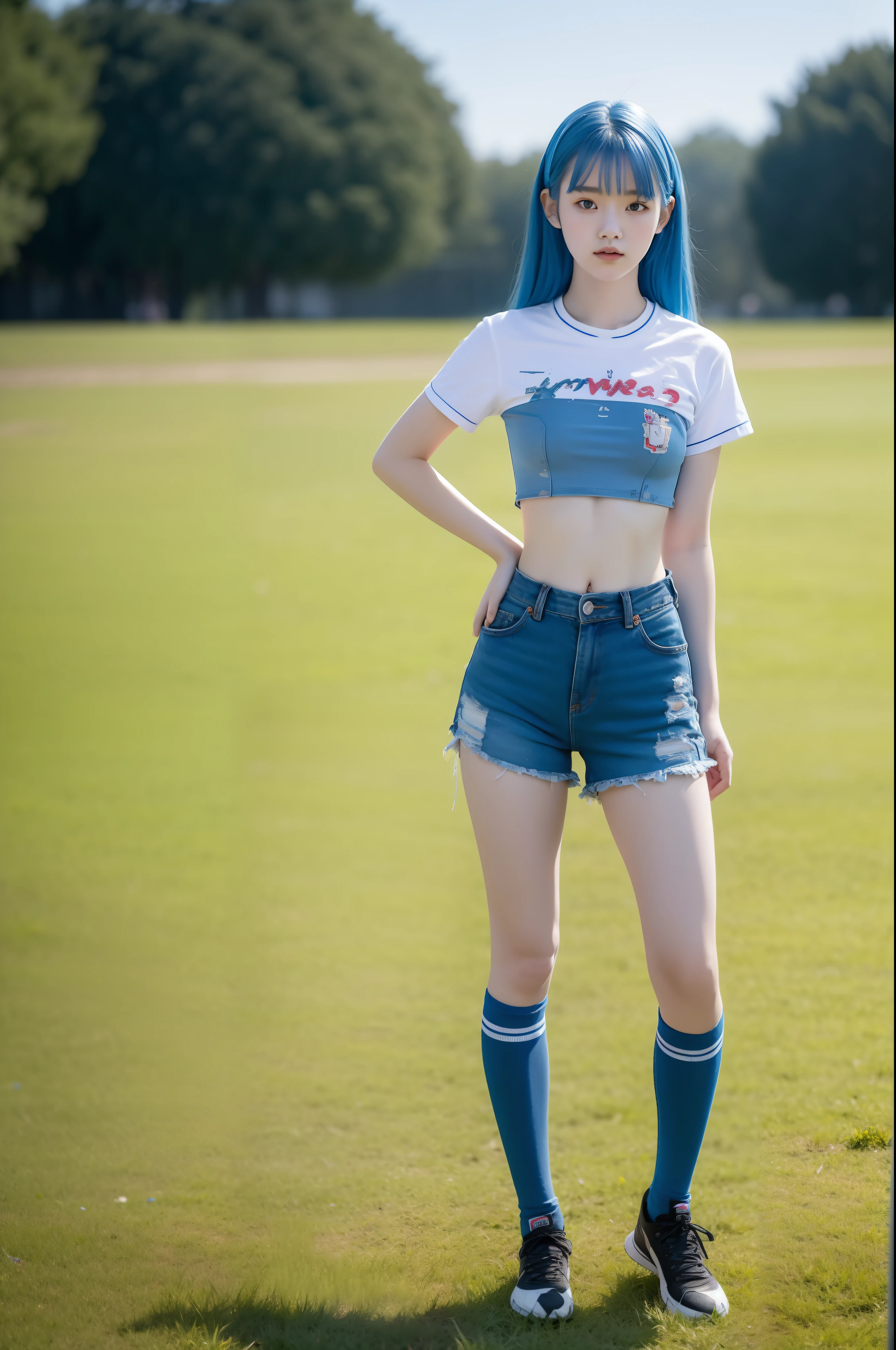 "Full body view of 18 years old Kim Chaewon as a young girl in a tattered and rotted clothing, with blue hair. She is standing confidently on a field, with a slight exposure of her midriff and a petite figure. The photo is captured in UHD 4K, exhibiting exquisite details."