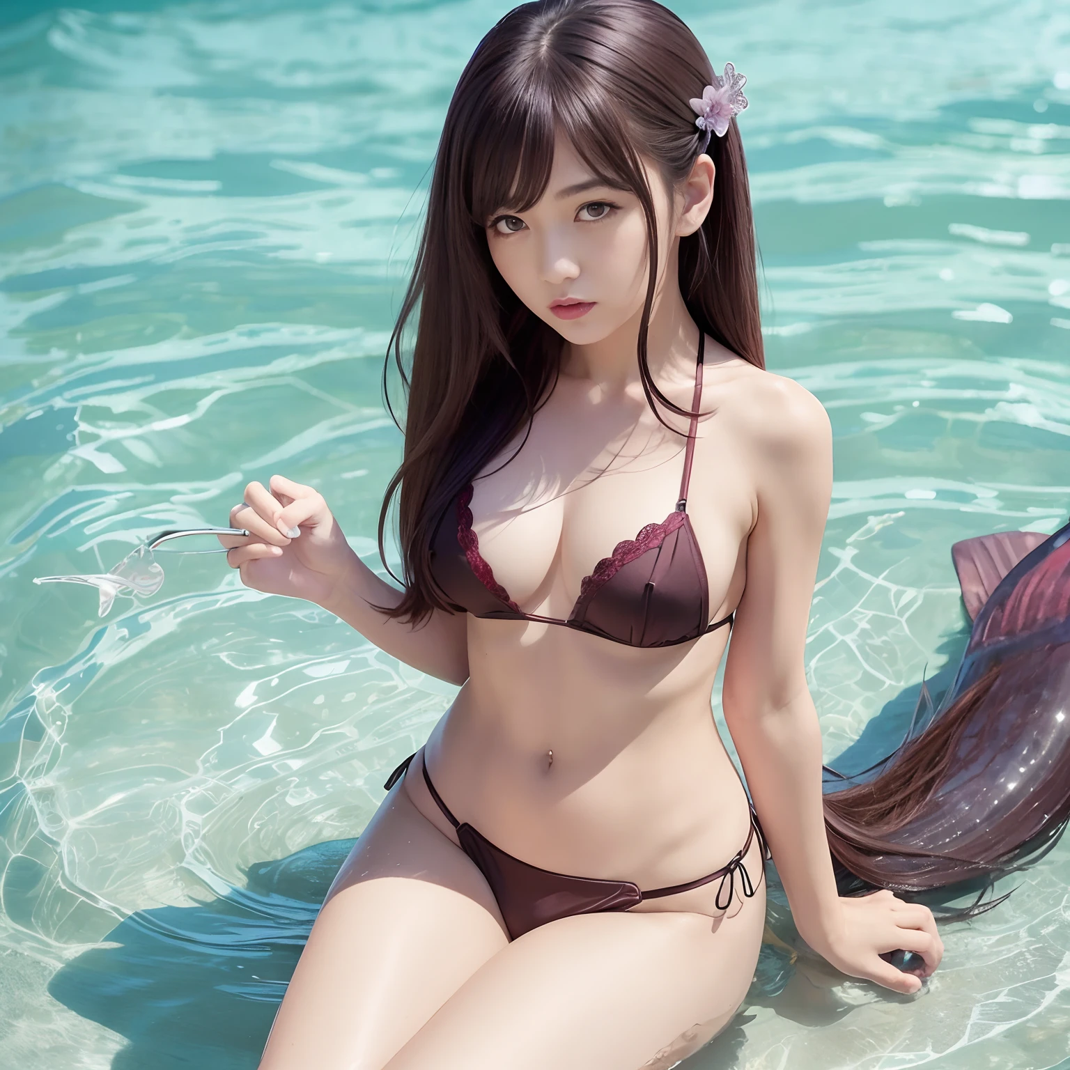mare、top-quality、Master Pieces、mermaids、dark brown hair、poneyTail、solo beautiful girl、sharpnes、Red BRA、Violet Mini Apron、Cute、A sexy、A slender、Constriction、