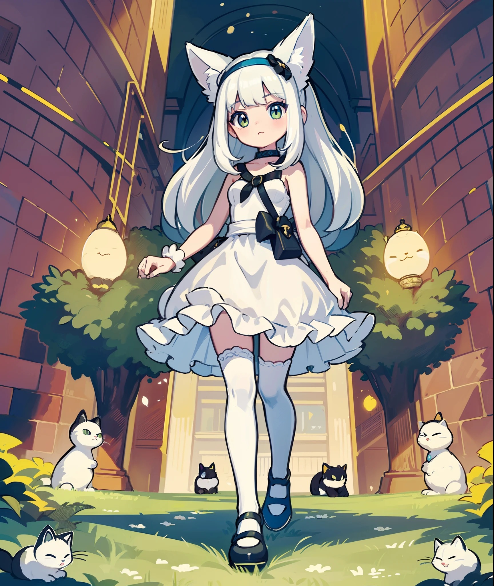 1girl in,A pokémon_The card,(Best quality1.2), (hightquality), (Convoluted_Details), (ultra-detailliert), (illustratio), (Distinct_image),With cats((1 With cute cats.5)),((white hair))、bookstore