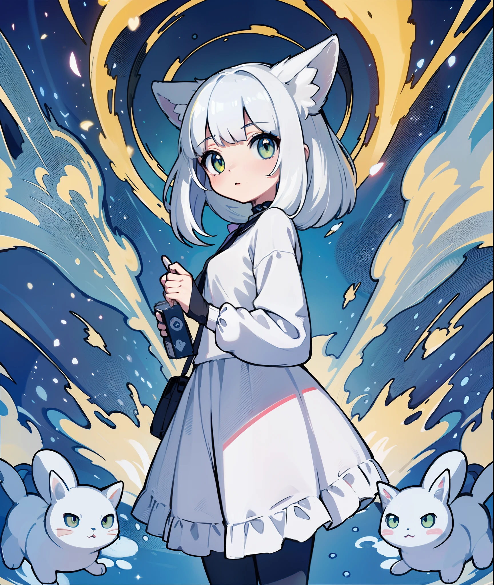 1girl in,A pokémon_The card,(Best quality1.２), (hightquality), (Convoluted_Details), (ultra-detailliert), (illustratio), (Distinct_image),With cats((1 With cute cats.5)),((white  hair))、bookstore