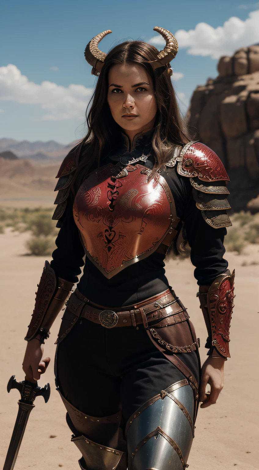 ((female red dragon with big horns)), (((emphasis on dragon head))), (knight, holding a axe, on a desert place), looking at viewer, wearing (a leather pants, cuirass, gorget, pauldron, couter, vambrace, gauntlets, cuisses, greaves, sabatons, poleyn, tasses, plackard, rerebrace, breastplace, faulds, scabbard, gardbrace, shoulder armor)