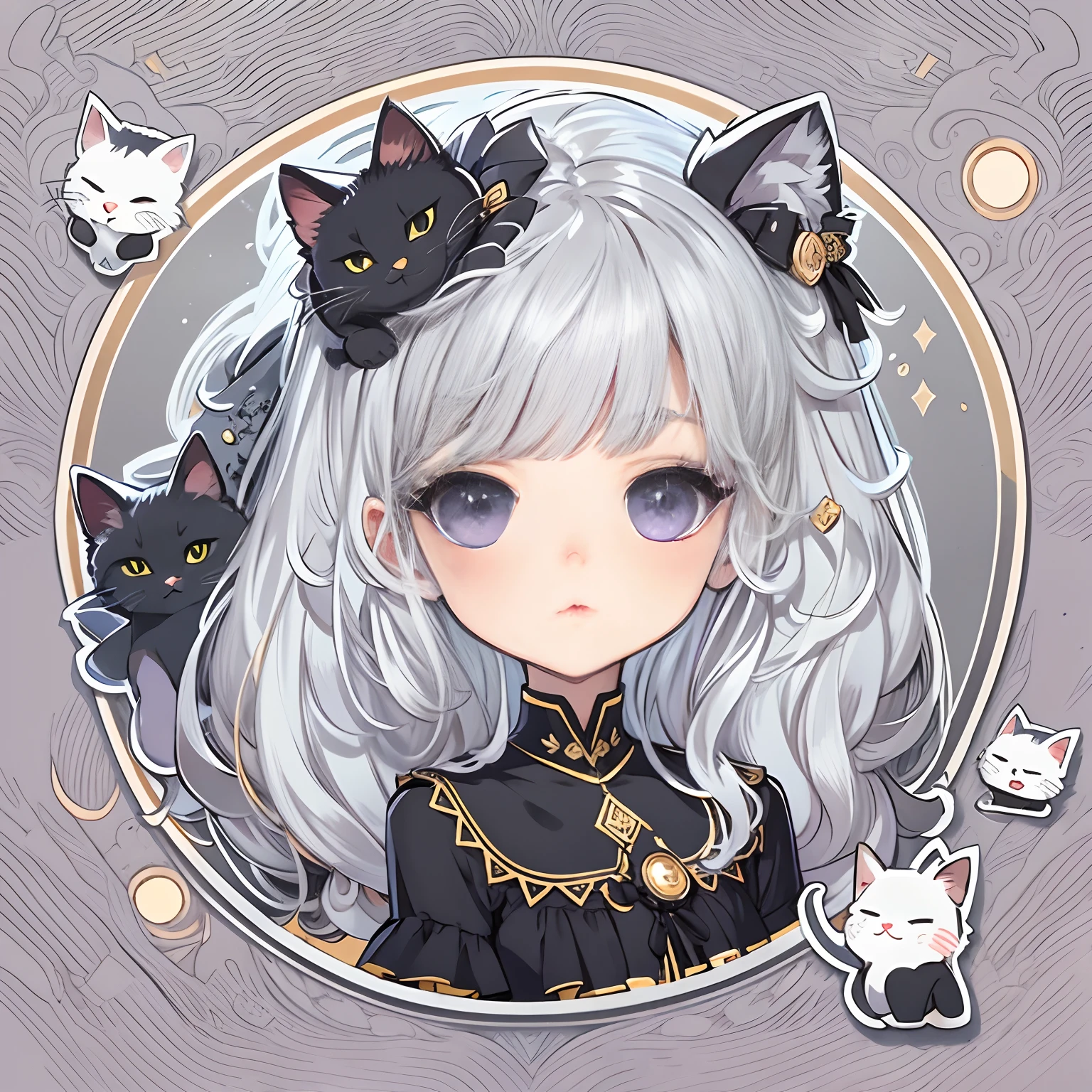 Sticker, Cute anime girl head, long layered silvery white hair,Light purple eyes，pouty，Black dress，Black princess dress，There is only one black cat，in circle, White background, Gold border，Simple, Ultra detailed, Detailed drawing, vectorised, Silhouette, 8K, professional sticker design, Flat design, Vector lines, Sticker, Drawing, Drawing, Full-HD