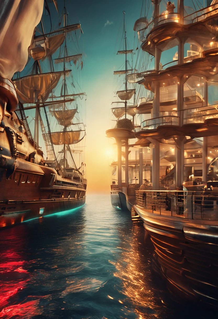 The gorgeous Costa cruise ship sails gracefully through the waters, . The scene depicts an atmosphere of extravagance, Oil painting on the wall,Soft lighting, Masterpiece, Best quality, Ultra HD in 8K, SLR camera, filmgrain,