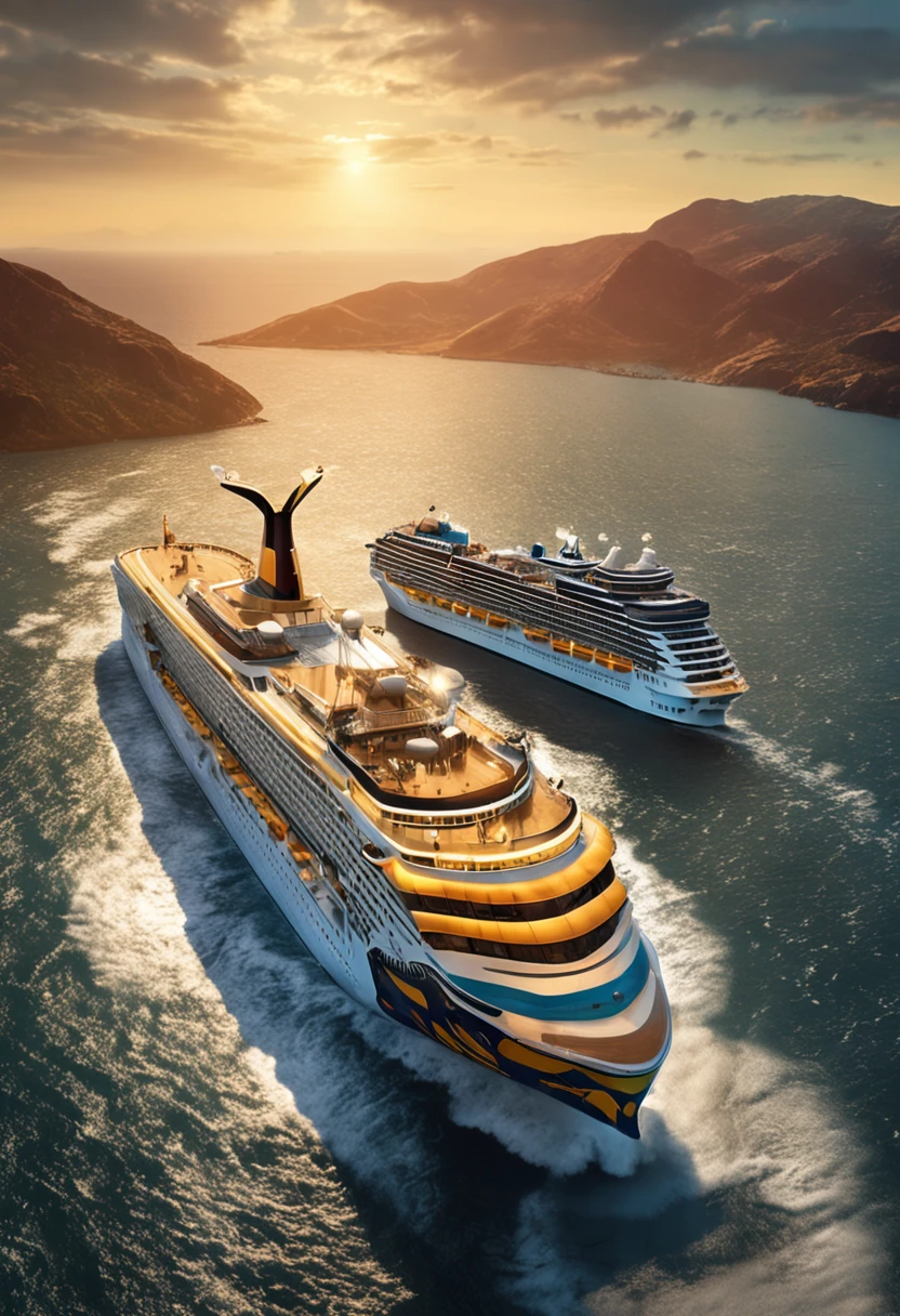 The gorgeous Costa cruise ship sails gracefully through the waters, . The scene depicts an atmosphere of extravagance, Oil painting on the wall，Soft lighting, Masterpiece, Best quality, Ultra HD in 8K, SLR camera, filmgrain,
