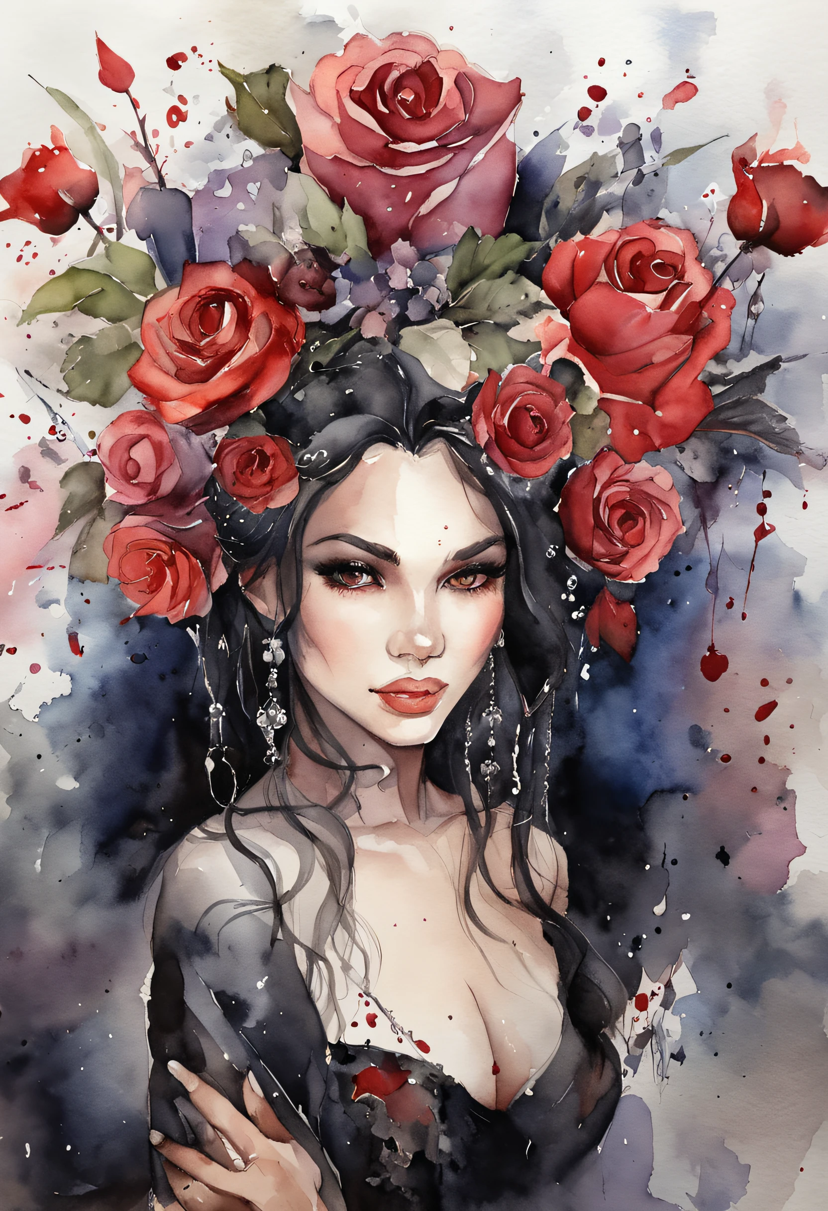 Dark Queen, in black suit dress, dark roses, Luxurious