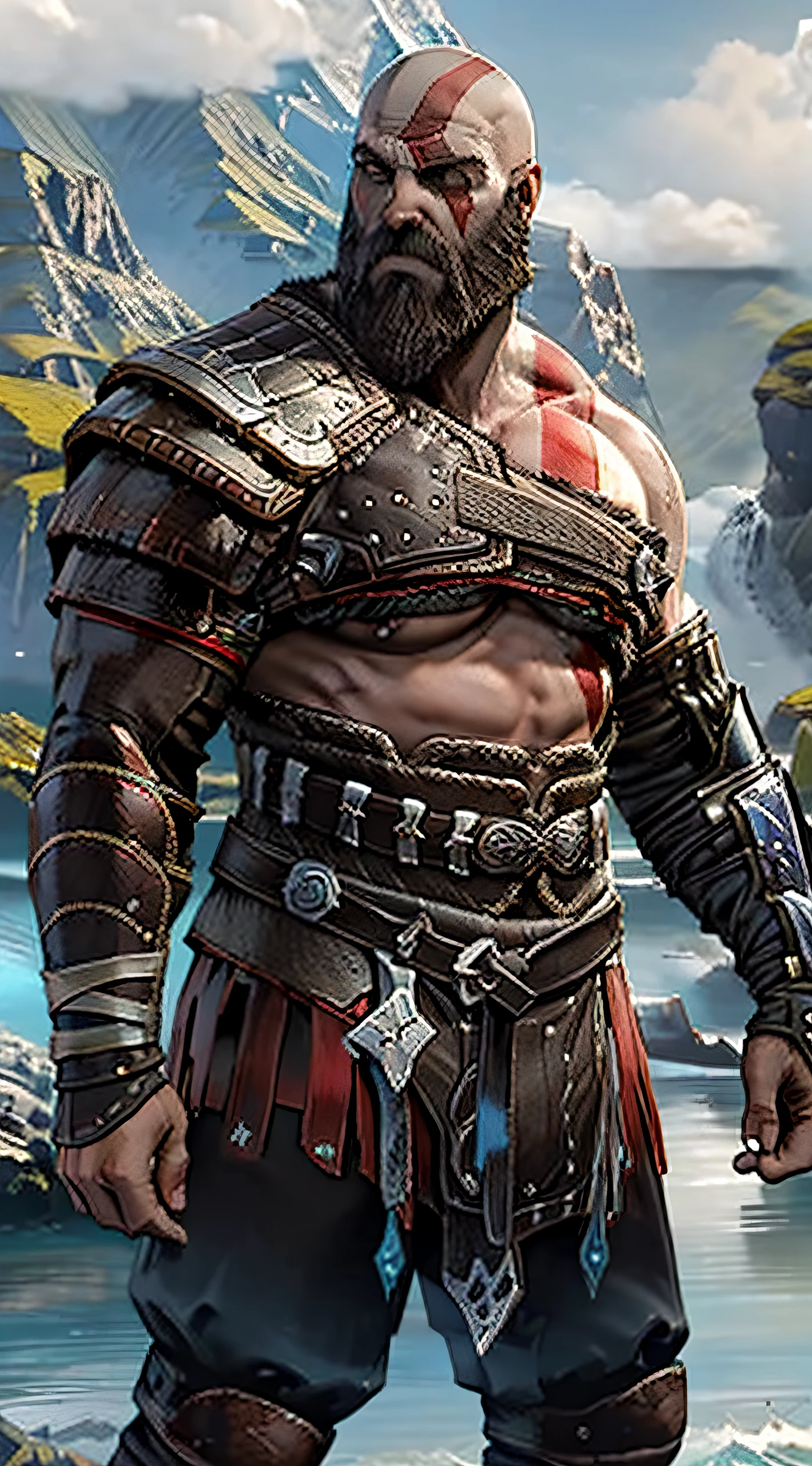 (masterpiece, best quality, detailed:1.2),  kratosGOW_soul3142, cold face, metal shorts, mountain, seascape, clouds, 1boy, scar, beard, realistic, bald, armor, Leviathan Axe, upper body shot