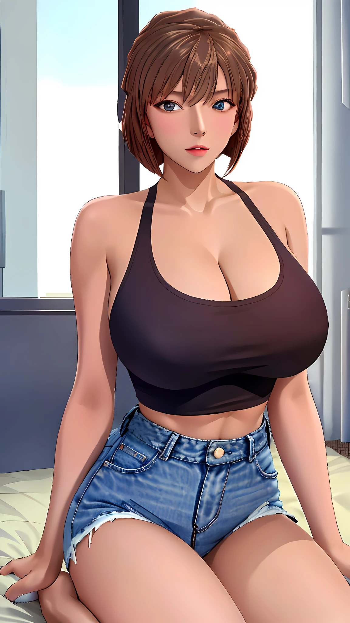 Woman figure（Wear a tight tank top：1.2），（Wear long jeans：1.1），huge tit，（thongs），（looking at viewert），((Masterpiece)),A high resolution, ((Best quality))，tmasterpiece，top-quality，best qualityer， （（（white skinned，Shiho Miyano,1girll, Solo, Blonde hair, wariza, Short hair, Brown hair,，gigantic cleavage breasts，Exquisite facial features，There is light in the eyes，）））