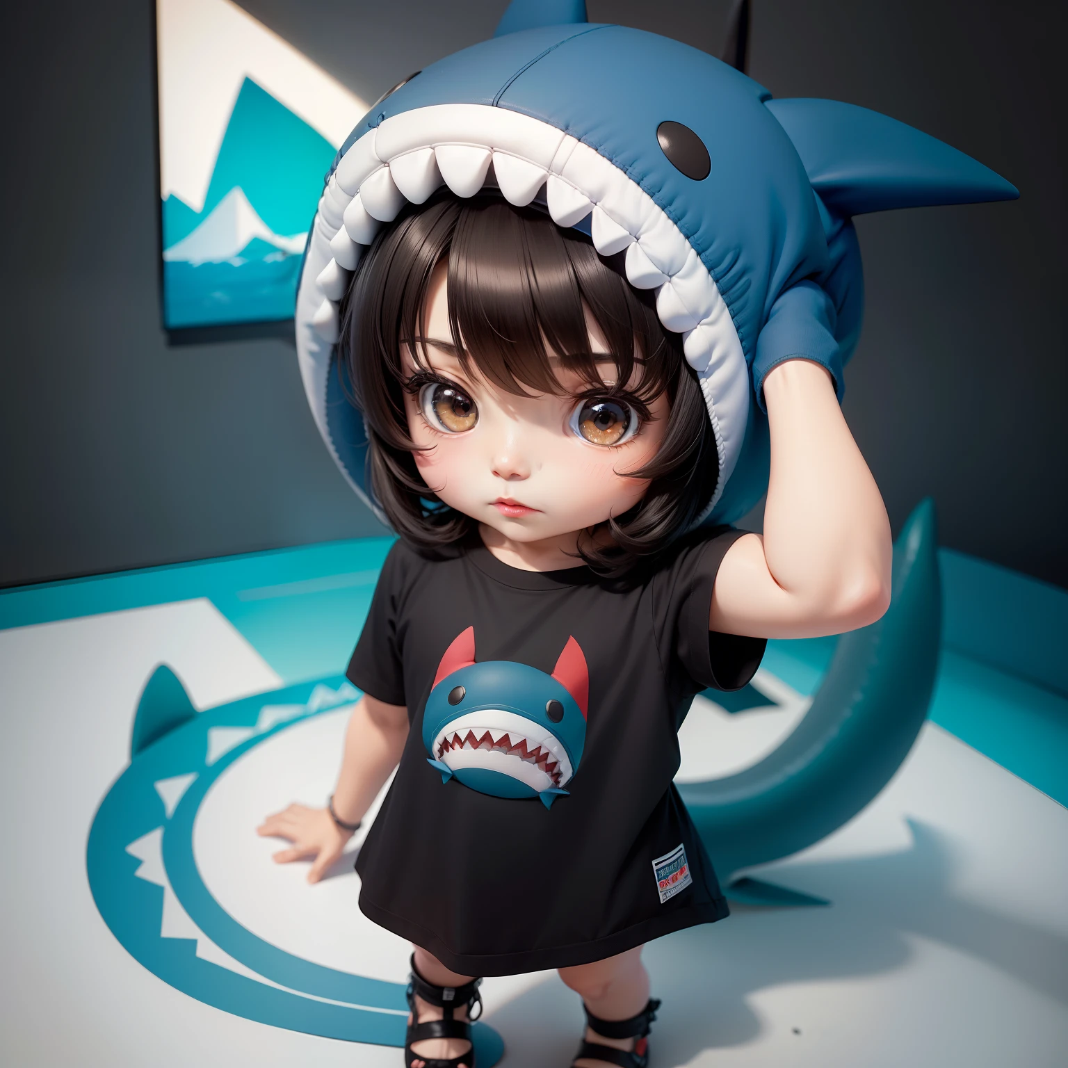 hightquality,Masterpiece, Chibi, nendoroid, Mega Mini, Shark hat, Shark hat has no ears, Shark tail, Shark costume, A dark-haired, Hairstyle Bob, Metal,