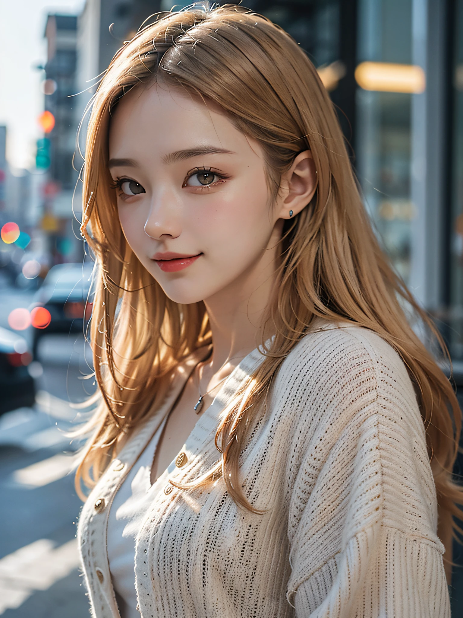 top-quality、超A high resolution、(8K、Raw photo、Photorealsitic:1.4)、de pele branca、Real Human Skin、(Detailed eyes)、oval-face、One woman as beautiful as a goddess、Slimed、(Gentle, Goddess-like smile:1.3)、(Happiness:1.2)、(lipgloss、Lashes、Gloss Face)、beautiful blond hair、cardigan、Fashion Shirts、Cityscape、Wide range of lighting、Natural Shading