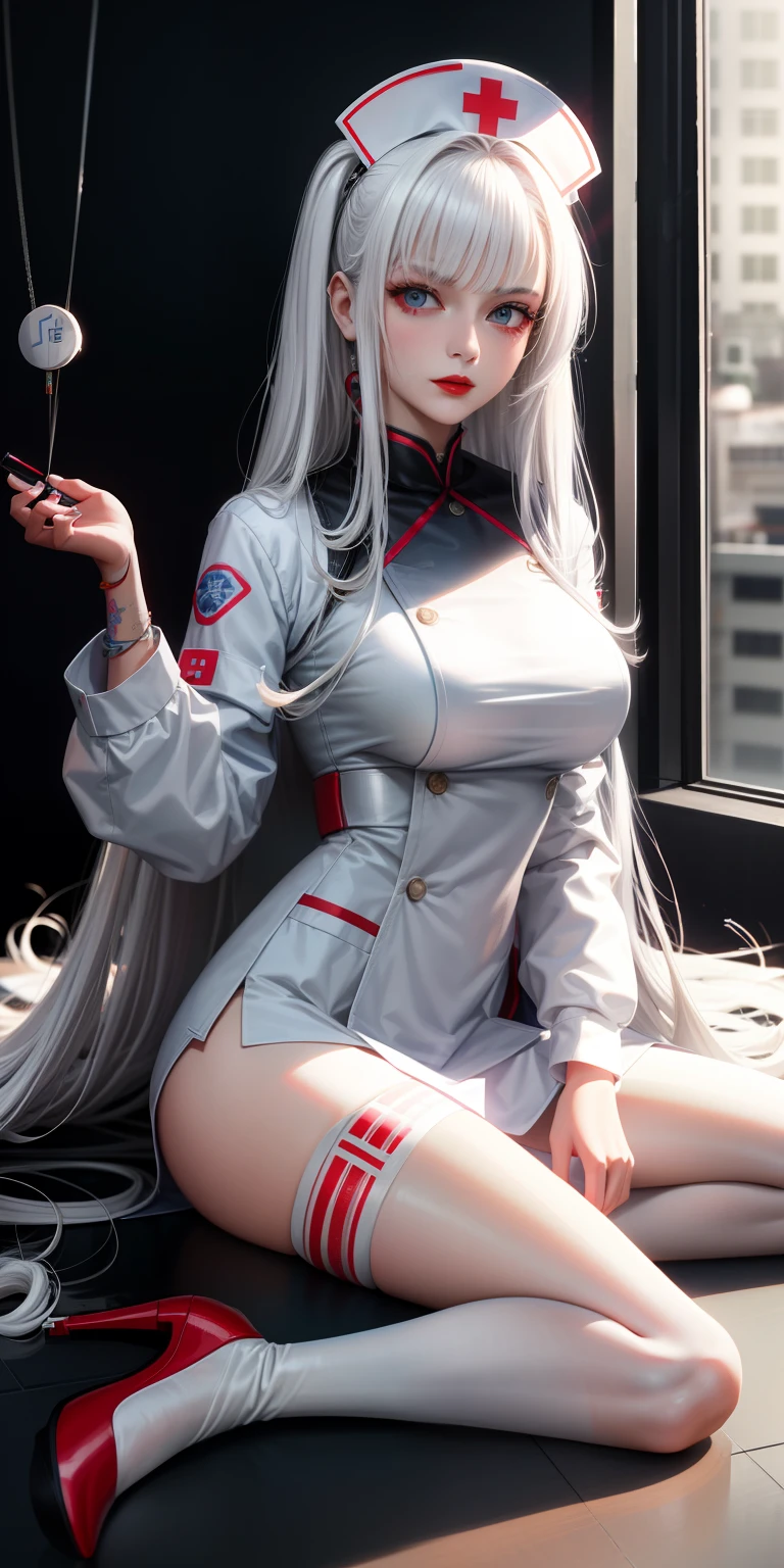 ((best qualtiy)), ((tmasterpiece)), (the detail:1.4), 3D, Beautiful female image of nurse,hdr（HighDynamicRange）,Slender legs wear white suspender stockings，Transparent white nurse's uniform，Look at the audience with a smile，huge tit，Exposed body，Full body photo，white color hair，Ray traching,NVIDIA RTX,Hyper-Resolution,Unreal 5,Subsurface scattering、PBR Texture、post-proces、Anisotropy Filtering、depth of fields、maximum definition and sharpness、Many-Layer Textures、Albedo e mapas Speculares、Surface coloring、Accurate simulation of light-material interactions、perfectly proportions、rendering by octane、Two-colored light、largeaperture、Low ISO、White balance、the rule of thirds、8K raw data、