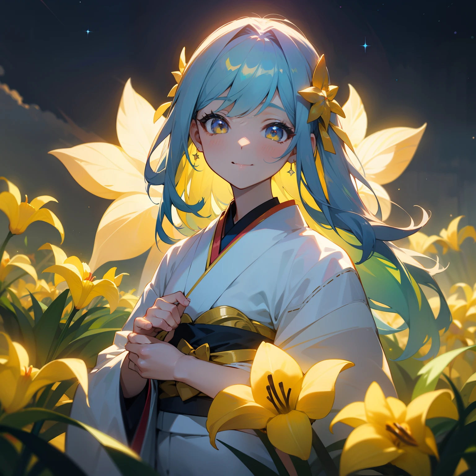 Colorful stars in the night sky々Shine with、Under it stood one girl。Her beautiful hair has colorful patterns woven in yellow and white.、Her aesthetic appearance is like a rainbow goddess。Behind her、Yellow irises are in full bloom.、The sight was fantastic.。With her happy face、The yellow and white kimono added to the sacred atmosphere.。「I believe」with the、She whispered sincerely.。