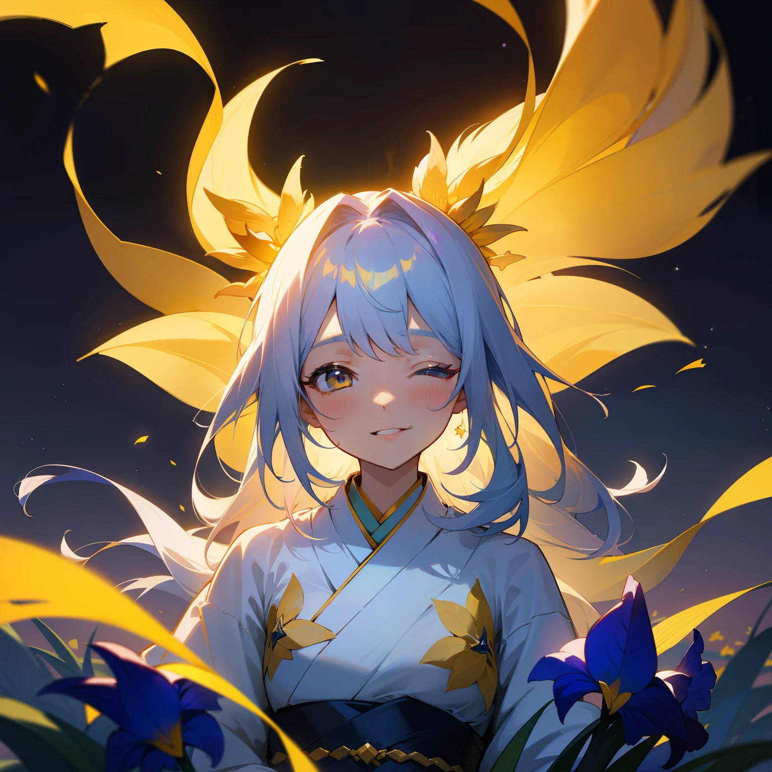 Colorful stars in the night sky々Shine with、Under it stood one girl。Her beautiful hair has colorful patterns woven in yellow and white.、Her aesthetic appearance is like a rainbow goddess。Behind her、Yellow irises are in full bloom.、The sight was fantastic.。With her happy face、The yellow and white kimono added to the sacred atmosphere.。「I believe」with the、She whispered sincerely.。