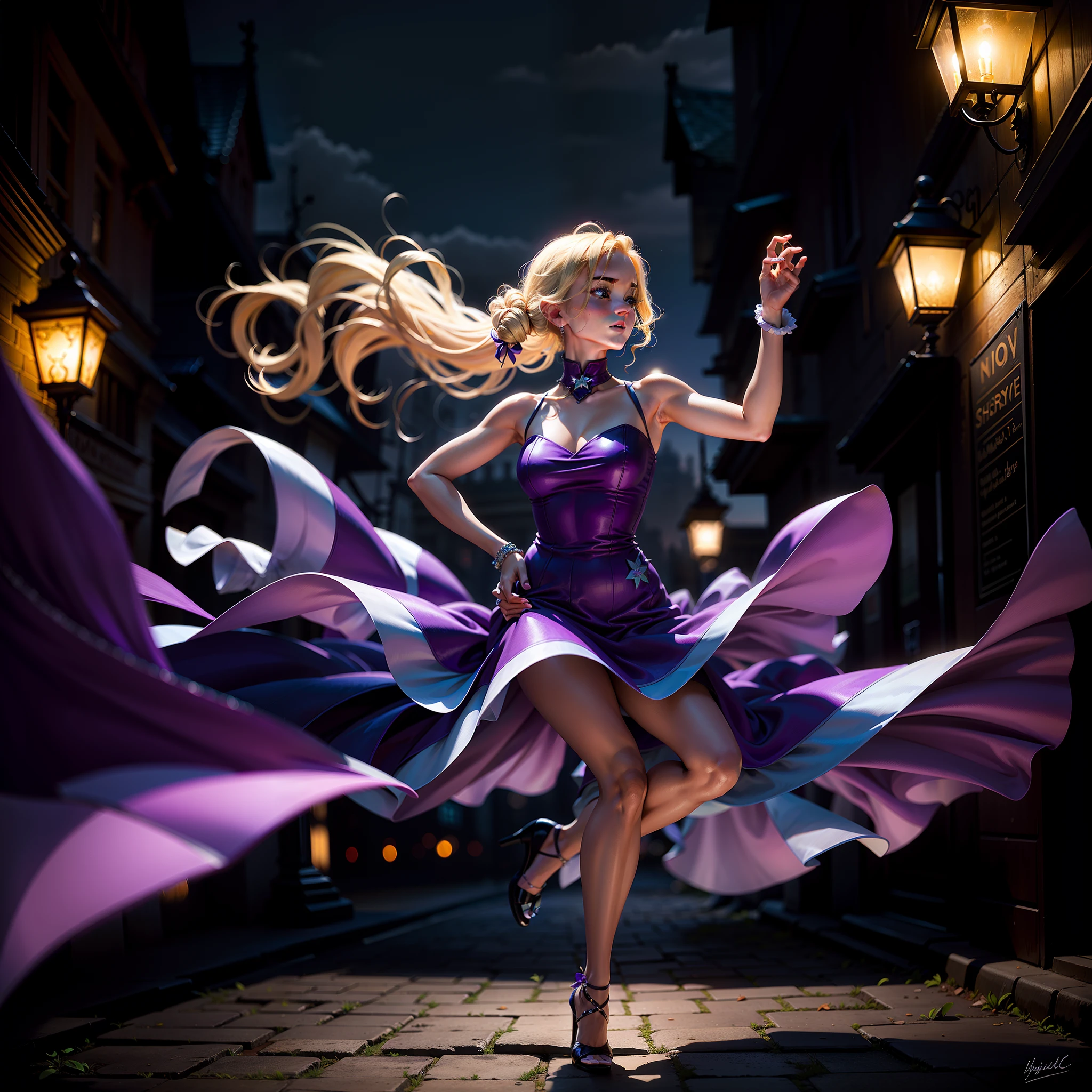 dancing girl in night, violet dress, blond hair