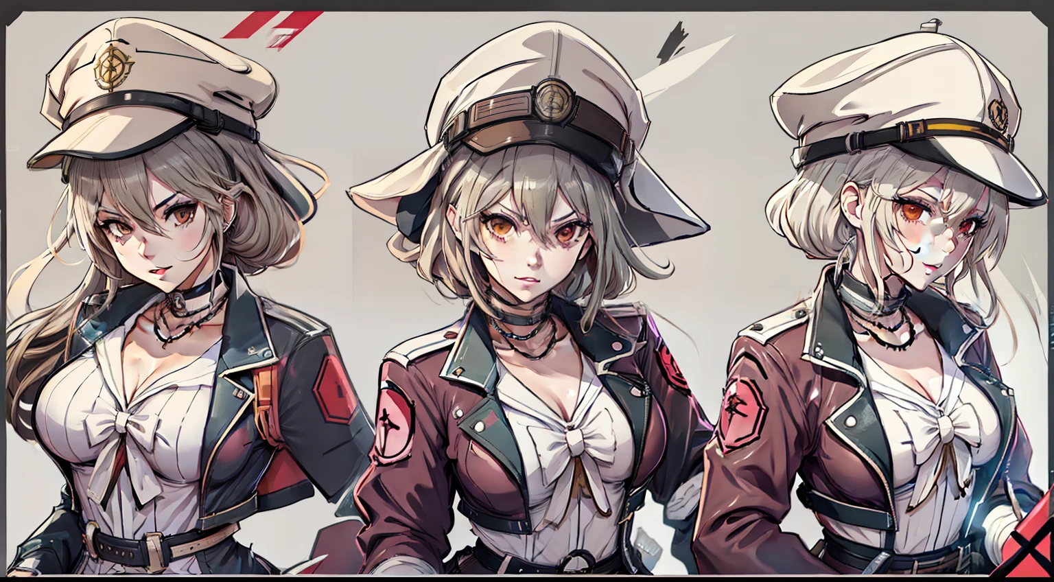 Three different photographs of a woman wearing a hat and jacket, Kantai collection style, girls frontline style, Character artwork, from girls frontline, by Kamagurka, Official artwork, character profile art, kancolle, Pixiv style, Fine details. Girl front, Anime character art, Detailed fanart, kantai collection arcade, Girl front，Pubic area is clear，arknights