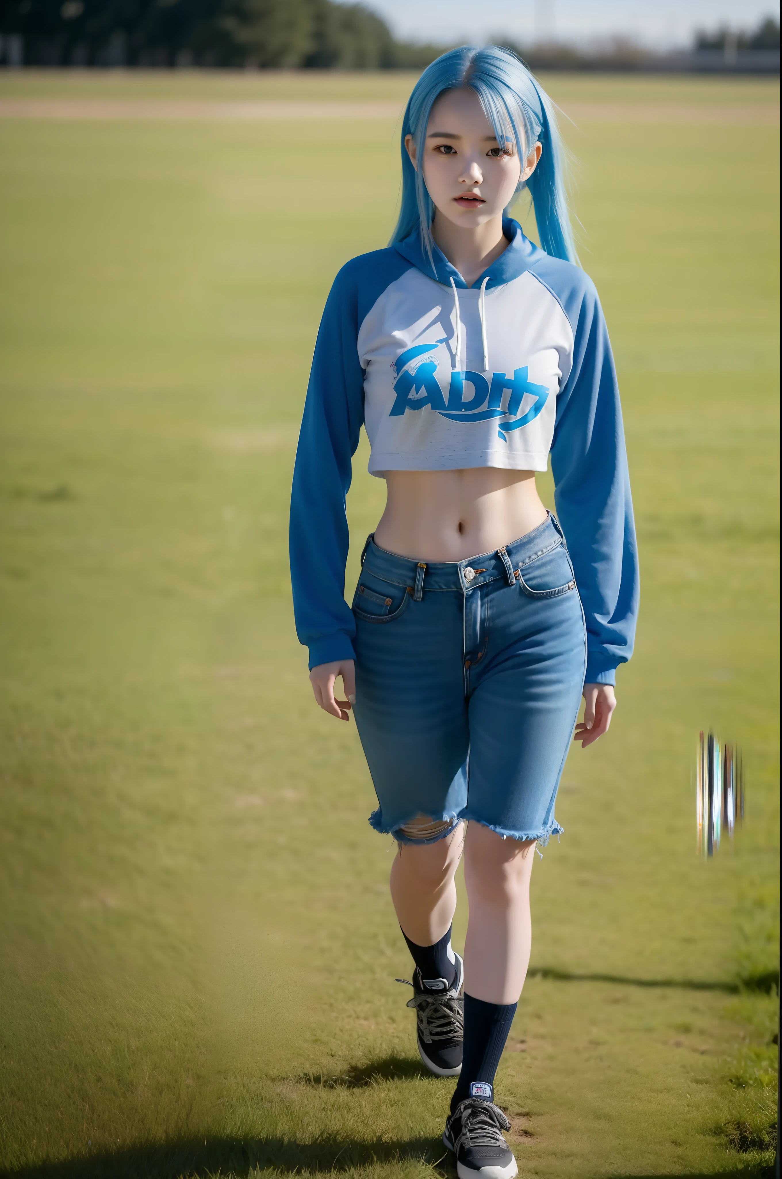 "Full body view of 18 years old Kim Chaewon as a young girl in a tattered and rotted clothing, with blue hair. She is standing confidently on a field, with a slight exposure of her midriff and a petite figure. The photo is captured in UHD 4K, exhibiting exquisite details."